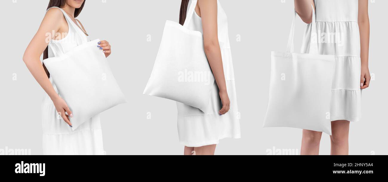 Nachbildung eines weißen Totebacks in den Händen eines Mädchens in einer Sundress, isoliert auf einem Hintergrund. Set von modischen ecobag für den Einzelhandel, Shopping. Ökologische s Stockfoto