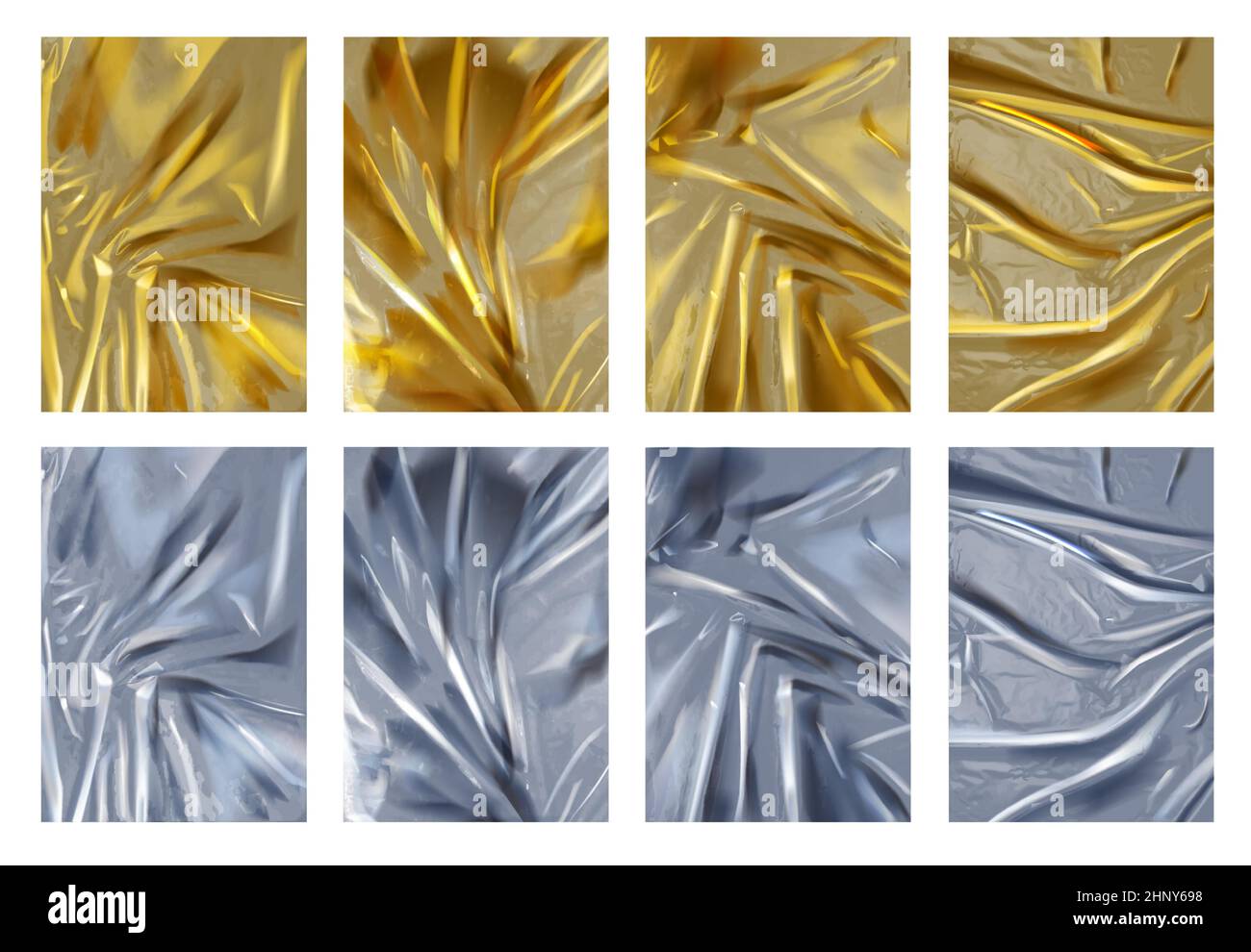 Realistische Textur aus zerknittert silbernen und goldenen Folienblättern. 3D glänzendes Aluminium- und Goldmaterial mit Falten. Luxuriöser Hintergrund-Vektorsatz. Illustratio Stock Vektor