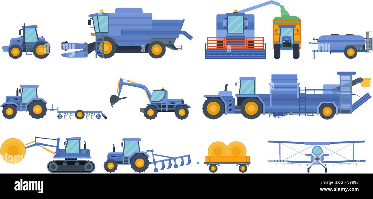 Flache Landmaschinen, Mähdrescher, Mähdrescher und Traktor. Erntemaschinen, Heuschneidemaschinen und Vektorfahrzeuge für die Feldbearbeitung. Verkehr Stock Vektor