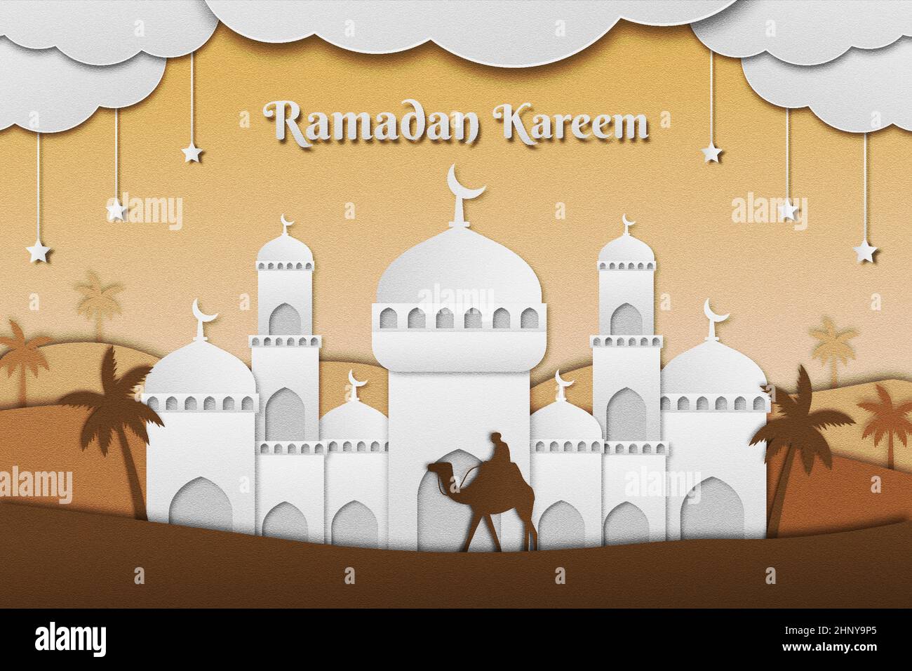 ramadan Kareem Illustration Hintergrund mit Papierkunst Moschee, Datteln Baum und Kamel in der Wüste Stock Vektor