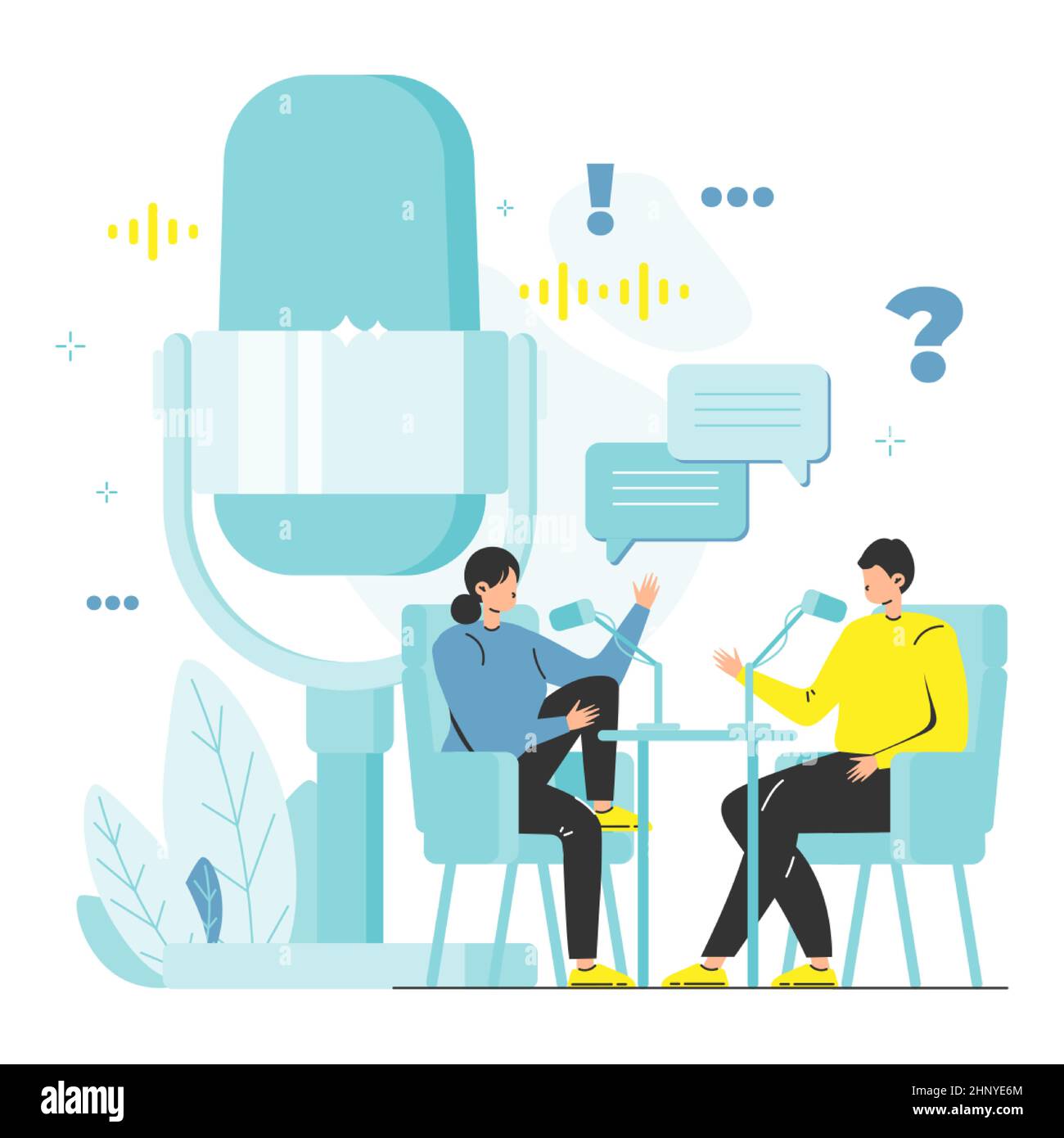 Menschen, die Podcast, Audio-Inhalte im Studio, Vektor-Illustration. Podcasting, Rundfunk, Online-Radio-Konzept. Stock Vektor