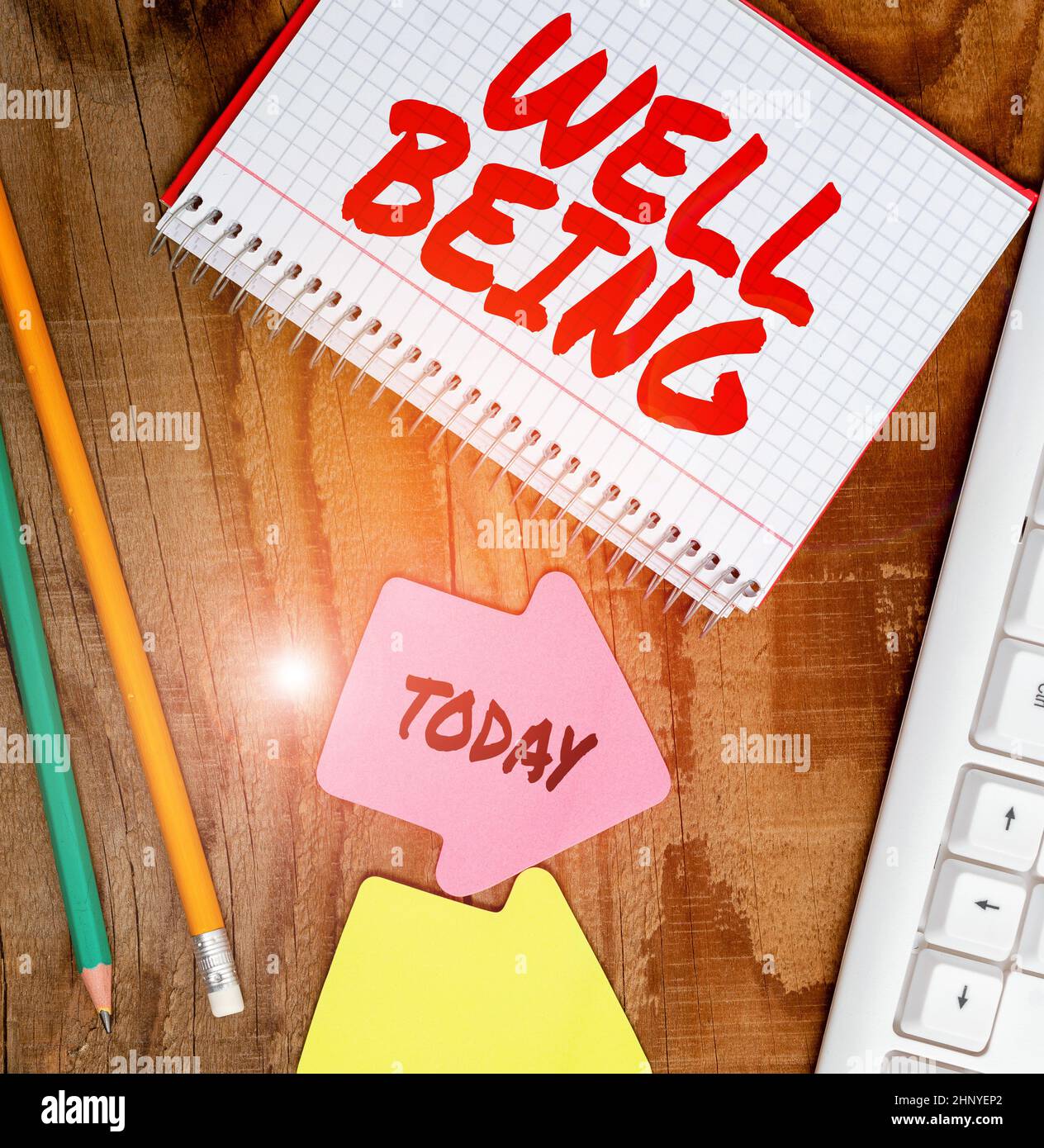 Text, der Inspiration Wohlbefinden, Geschäftsübersicht Ein guter oder zufriedenstellender Zustand des Bestehens einschließlich Gesundheit Anzeige von verschiedenen Color Stick Stockfoto