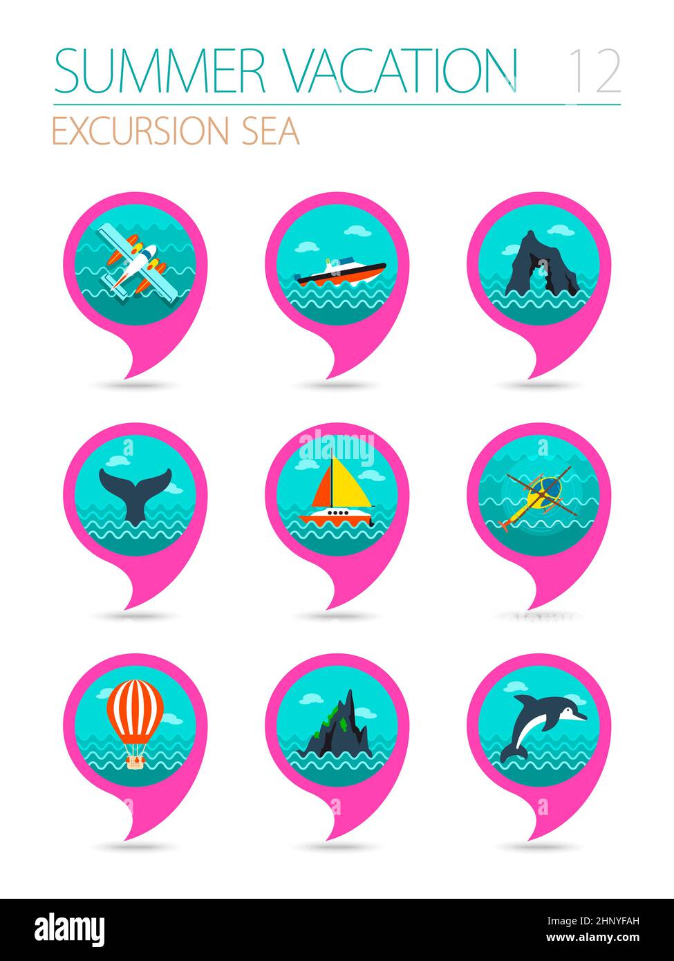 Exkursion Seevektor Pin Karte Symbol gesetzt. Zeigersymbol für die Sommerkarte. Kartenmarkierungen. Urlaub, Folge 10 Stockfoto