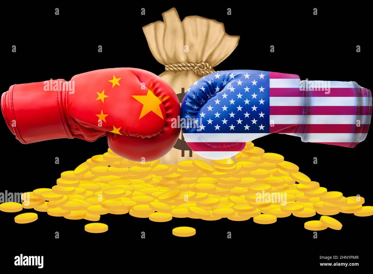 3D-Illustration Flaggen der USA und China auf Haufen von Goldmünzen Hintergrund, US china Handel Krieg Konzept. Stockfoto