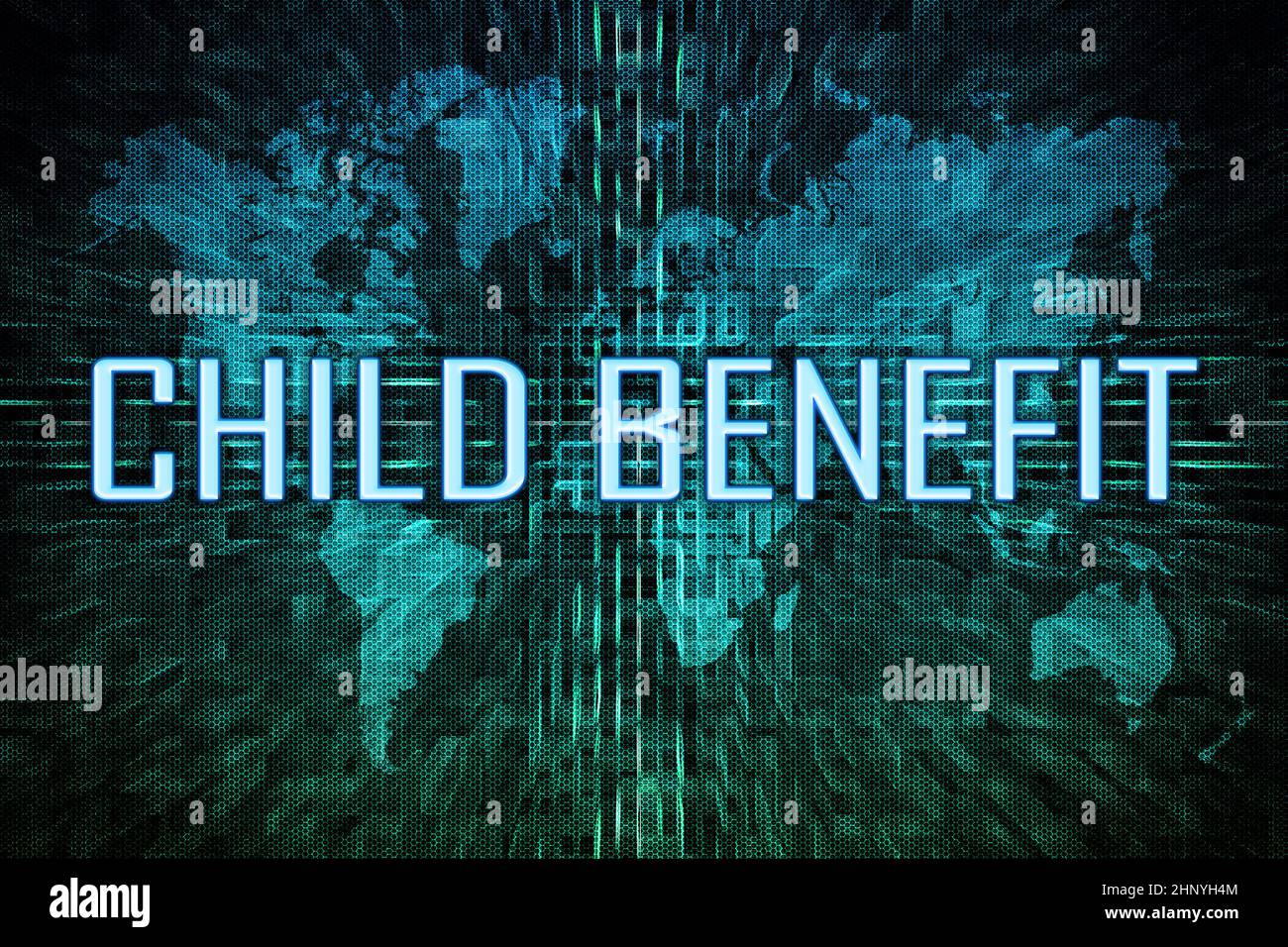 Kindergeld - Textkonzept auf grünem digitalen Weltkarte Hintergrund. Stockfoto