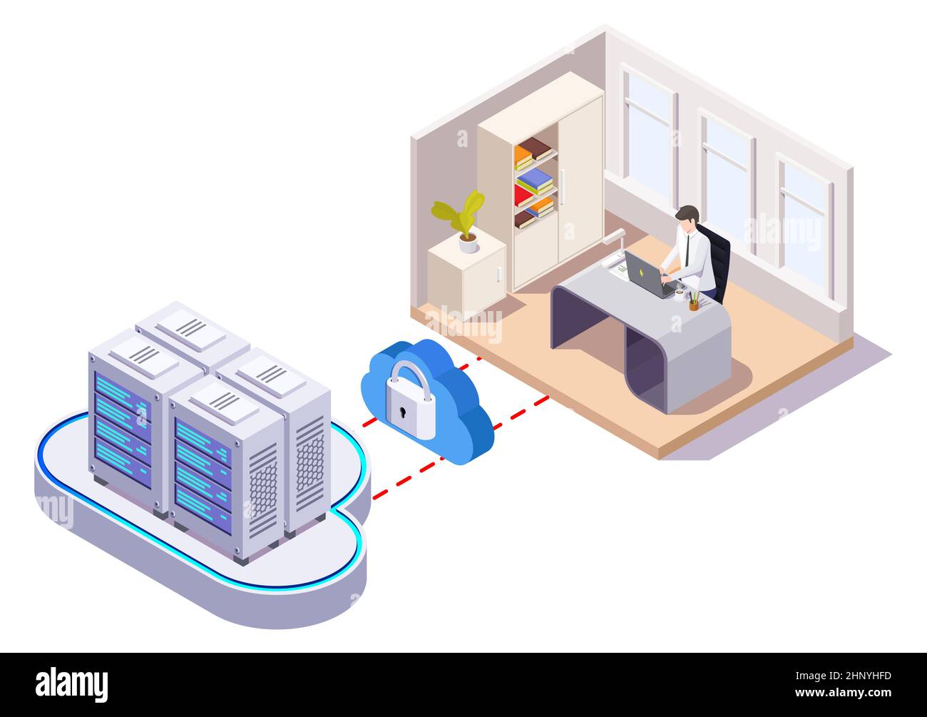 Mann, der auf einem Laptop mit Cloud-System arbeitet, Vektor-isometrische Illustration. Datenspeicher, Cloud-Computing-Technologie. Stock Vektor
