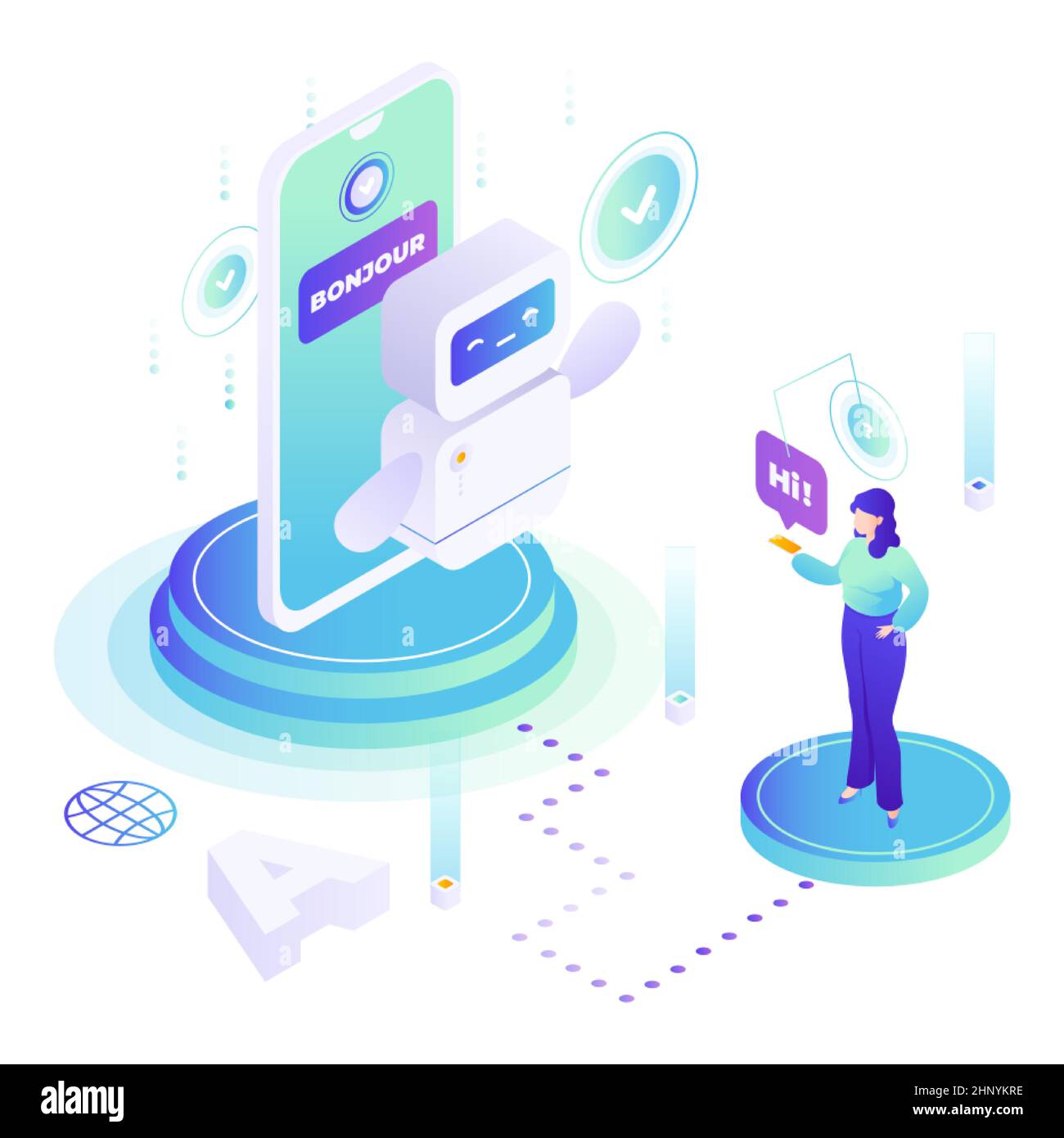 Frau mit Chatbot Übersetzung mobile App, flache Vektor isometrische Illustration. AI Chatbot Übersetzer. Stock Vektor
