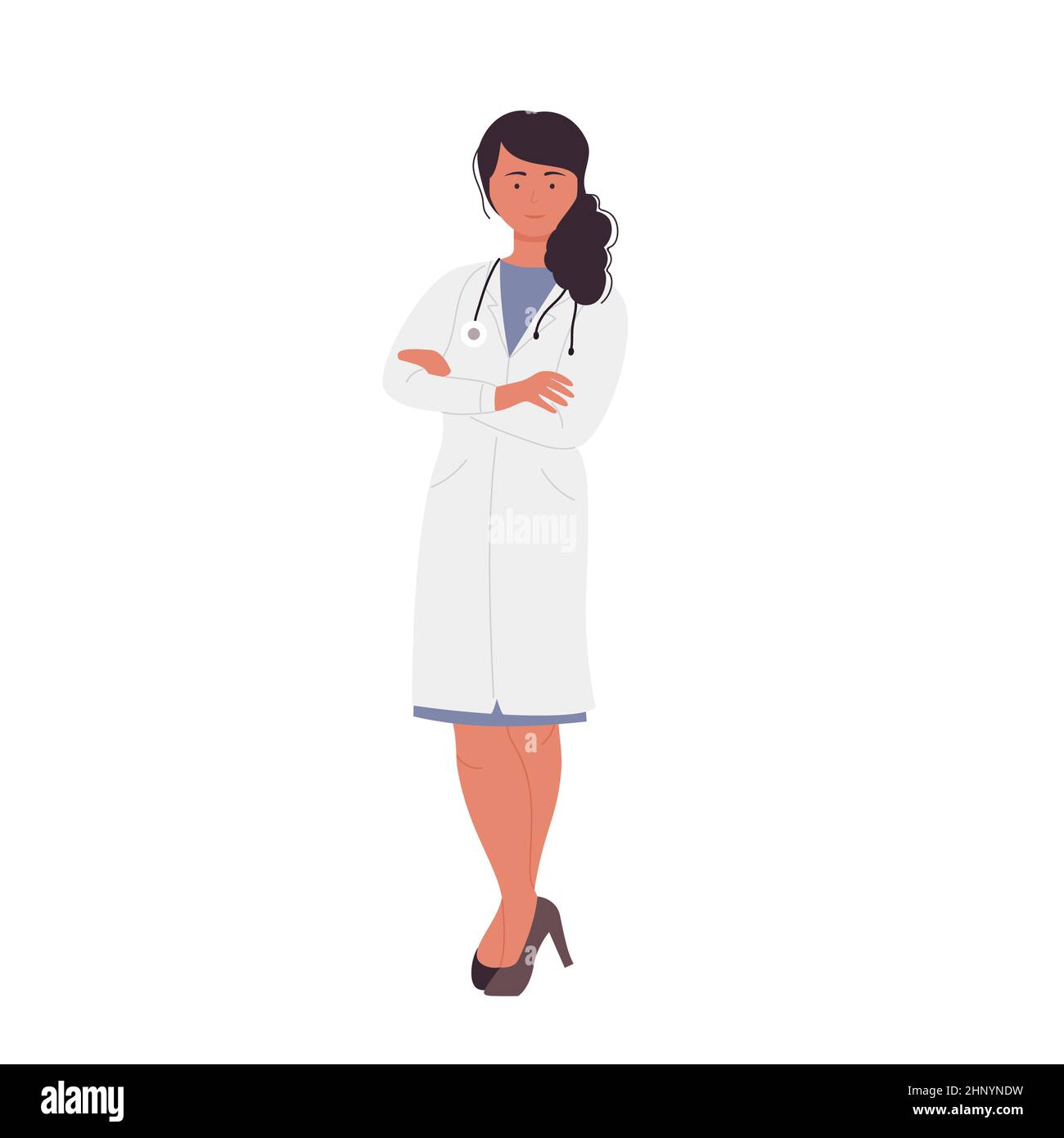 Elegante dunkelhaarige medizinische Assistentin Krankenschwester. Cartoon-Vektorgrafik für Krankenhauspflege- und Gesundheitsspezialisten Stock Vektor