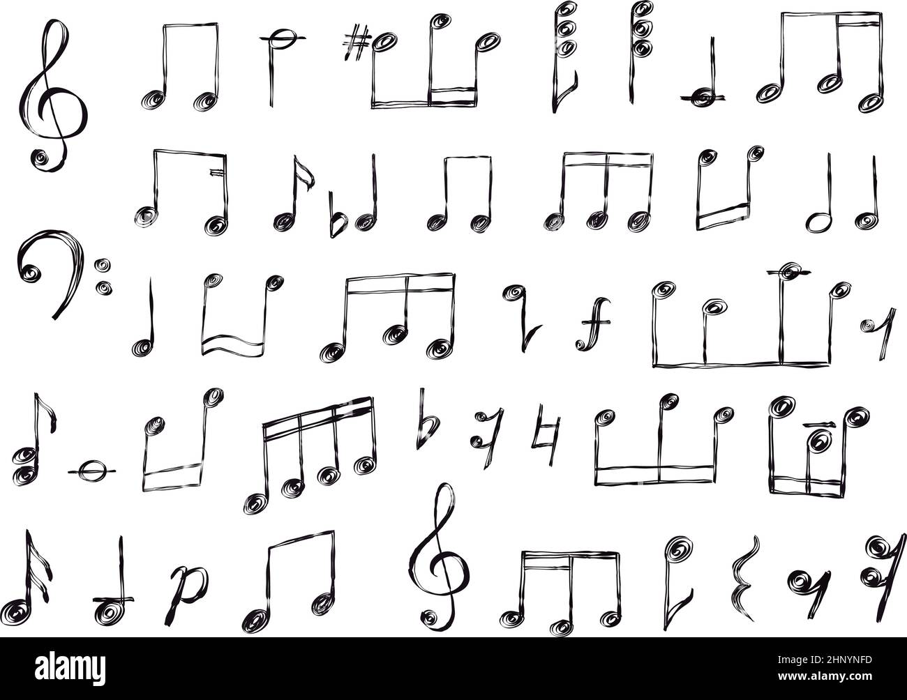 Skizzieren Sie Musiknoten, Ruhe, Höhen und Bassschlüssel. Grunge scribble Musik Zeichen Elemente. Song oder Melodie Notation Doodle Note Symbol Vektor gesetzt. Illustra Stock Vektor