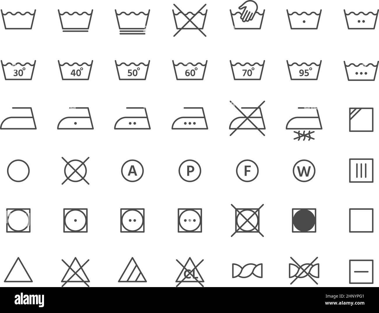 Symbole für die Wäschelabel-Anweisungszeile für Wäschestücke. Händewaschen, Trocknen, Temperatur und Bügeln. Symbolvektor für Textilreinigung. Illustrati Stock Vektor