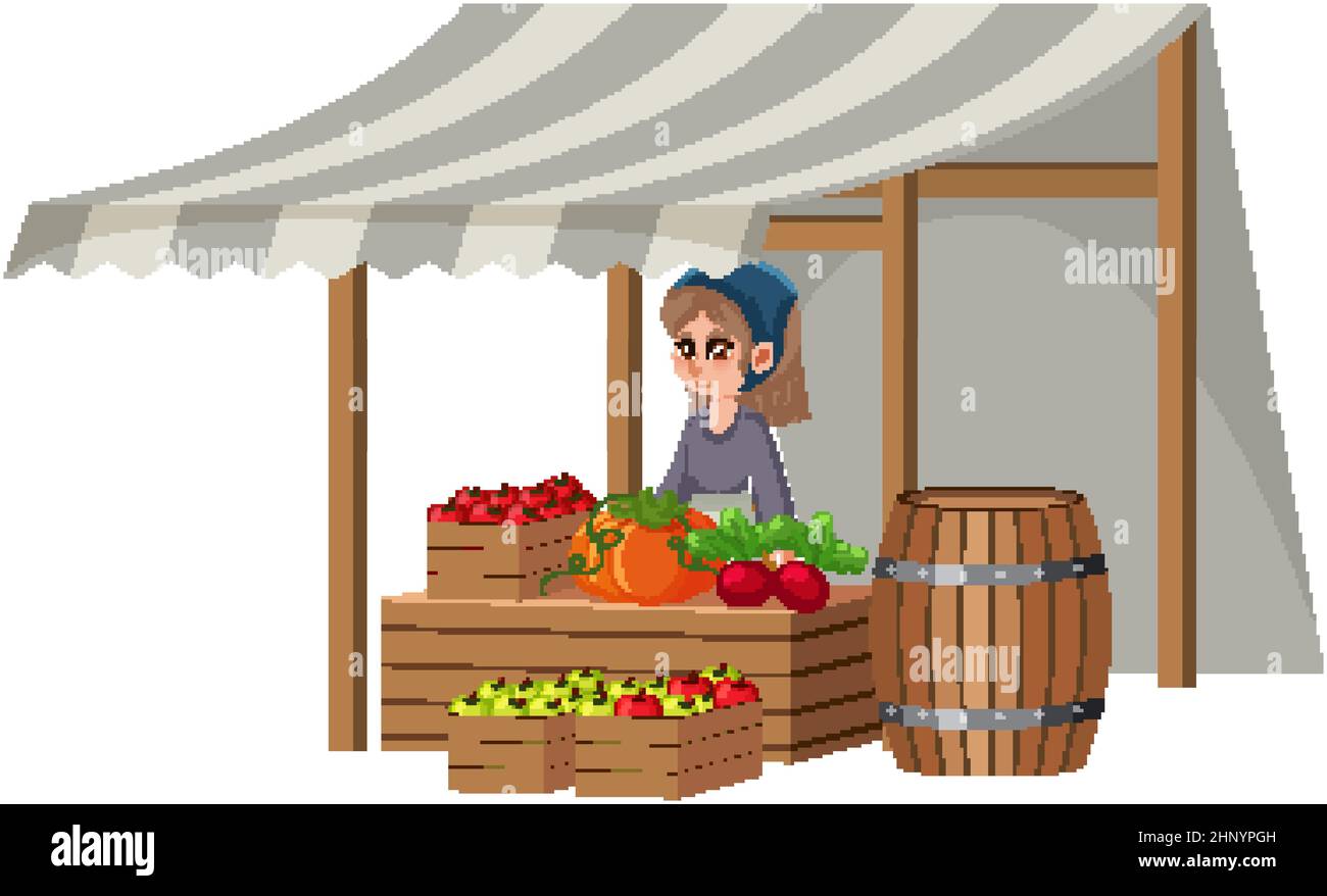 Mittelalterliches Mädchen im Obstladen auf weißem Hintergrund Illustration Stock Vektor