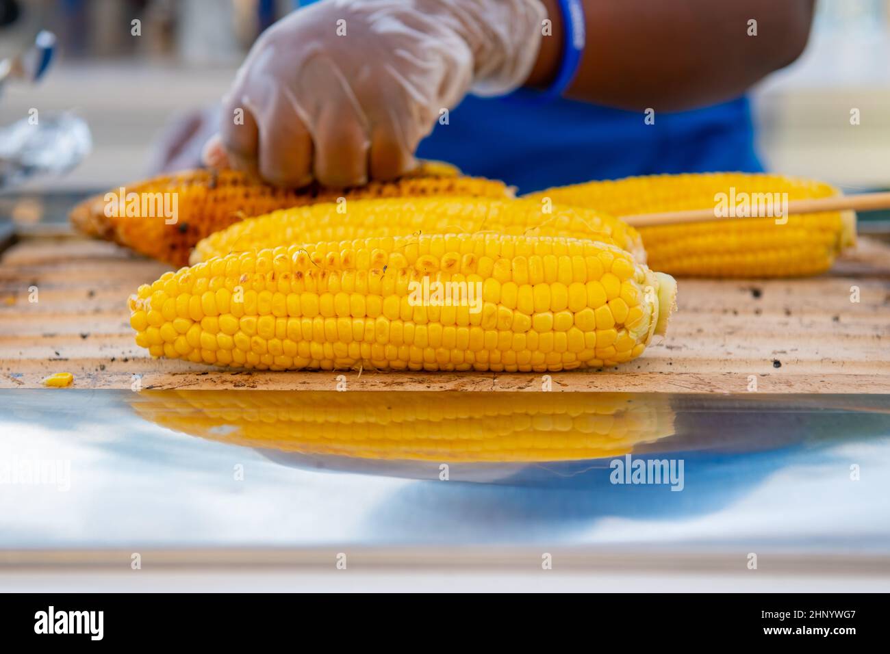 Der gekochte Mais wird von einem Mädchen in Handschuhen gebraten Stockfoto