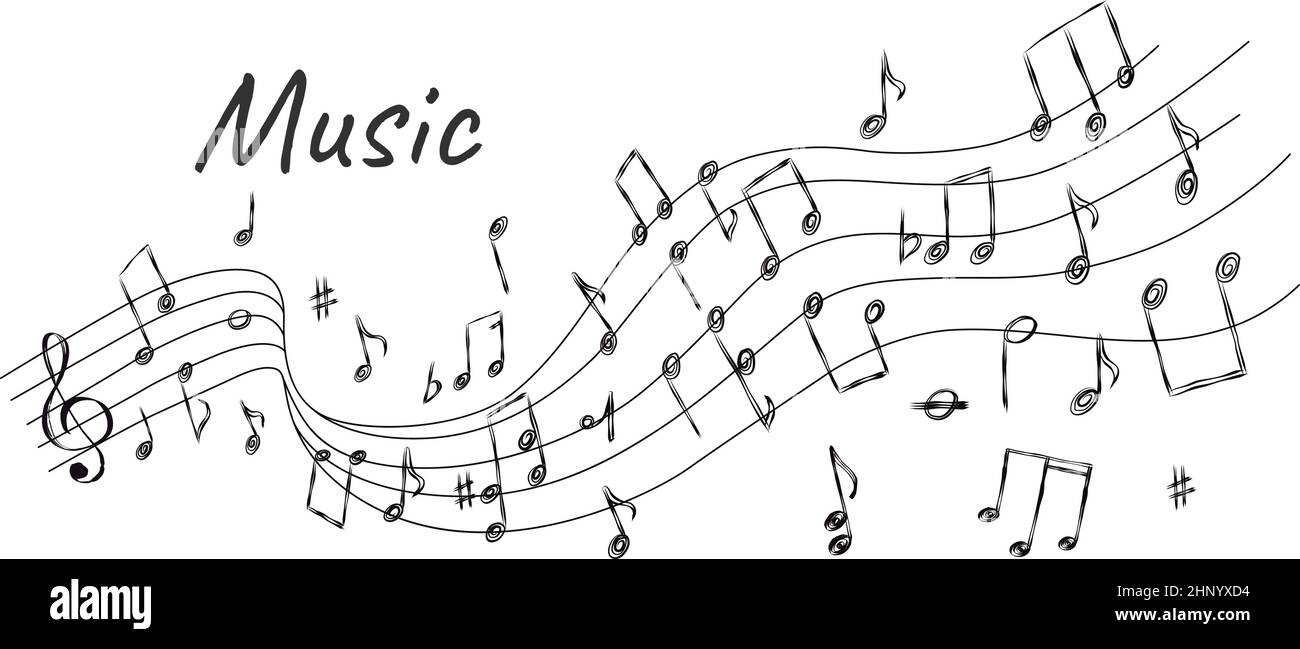 Skizzieren Sie den Melodiehintergrund mit Notenwellen, Noten und Zeichen. Doodle gekrümmte Songlinie. Klangharmonie. Klassische Musik Symbol Vektor-Konzept. Illustra Stock Vektor