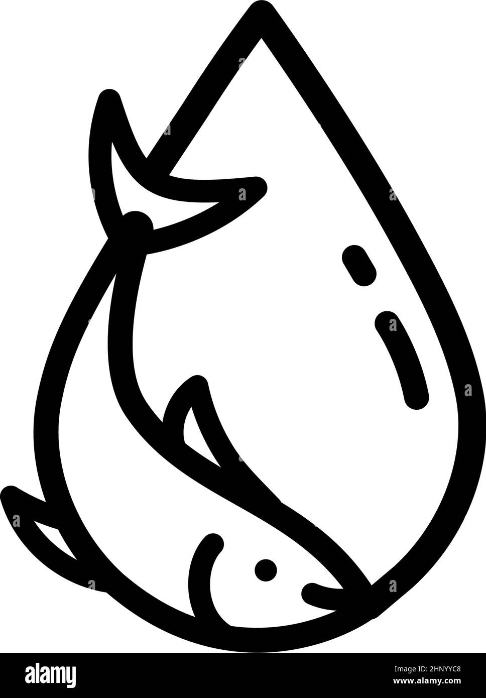 Symbol für den Fischölumriss. Vorlage für Vitamin Omega 3. Tropfen und Fisch Silhouette. Linienlogo isoliert auf weißem Hintergrund. Behandlung Ernährung Haut Auto Stock Vektor