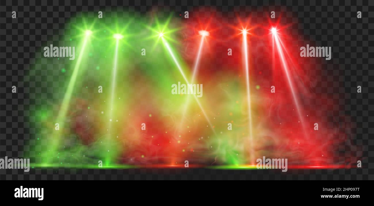 Nachtclub farbenfrohe Bühnenbeleuchtung mit rauchfarbenem Hintergrund. Realistische Disco-Scheinwerfer strahlen für Musikshow. Party Szene Lampe Strahlen Vektor-Effekt. Illustrat Stock Vektor