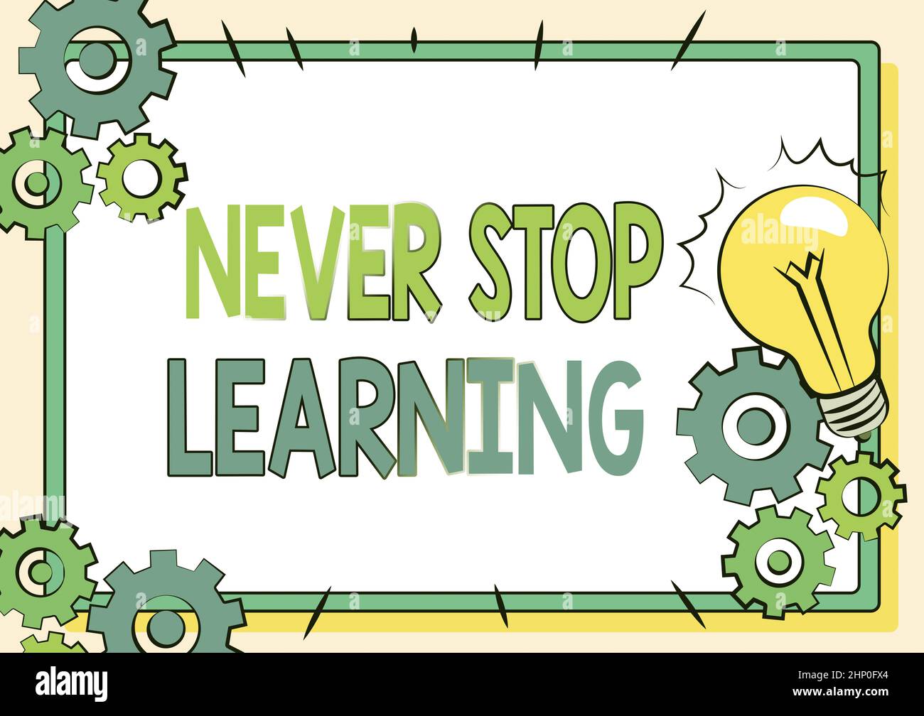 Handschrift Text nie aufhören zu lernen, Wort für weiter lernen, neue Kenntnisse oder Materialien zu gewinnen, die altes Filesystem reparieren, Online-Dateien pflegen, Stockfoto