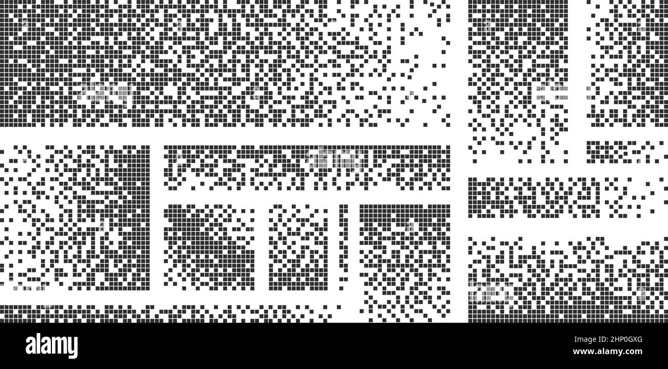 Pixel Auflösung Hintergrund, digitale Punkte lösen Effekt. Verschwindende zerbrochene quadratische Mosaike. Defragmentierung von Datenpartikeln ist ein Vektorset. Illustra Stock Vektor