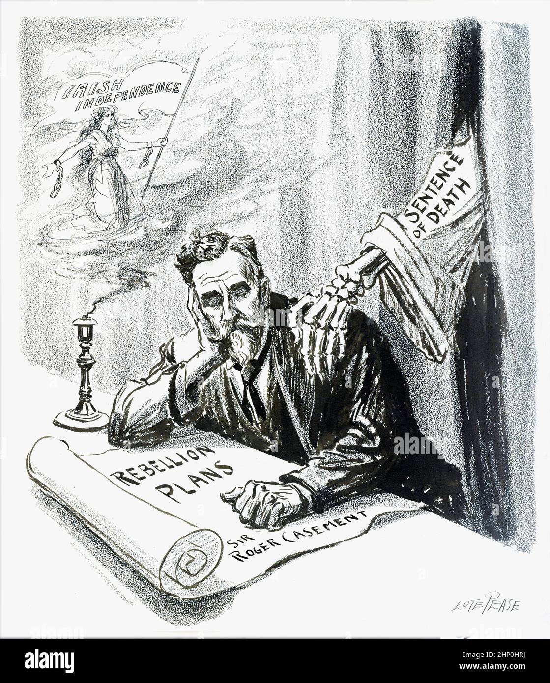 Eine Illustration des schwindenden Traums aus dem 20th. Jahrhundert, als Skeletthand (mit der Bezeichnung „Satz des Todes“) auf der Schulter von Sir Roger Casement, der ein Dokument mit der Aufschrift „Rebellion Plans“ und Träume von „irischer Unabhängigkeit“ hält. 1916 erhängten die Briten Casement (der versucht hatte, die Hilfe der Deutschen für die Erlangung der irischen Unabhängigkeit zu gewinnen) als Verräter. Stockfoto