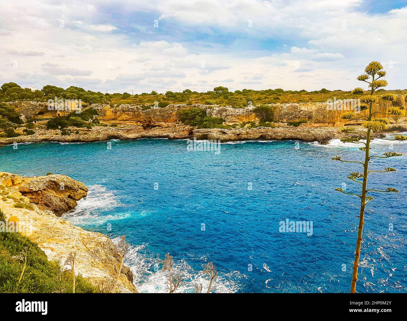 Panoramablick auf die Bucht und den Yachthafen von Cala Figuera auf Mallorca in Spanien. Stockfoto