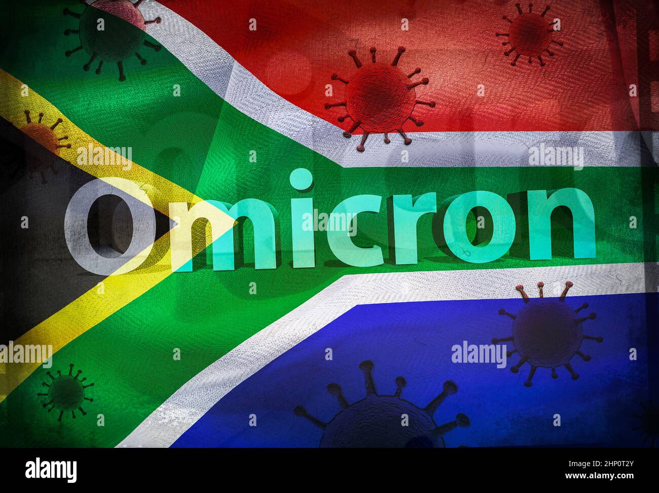 3D-Illustration einer südafrikanischen Flagge mit Koronavirus-Vaiant B.1.1.529 Omicron darauf Stockfoto