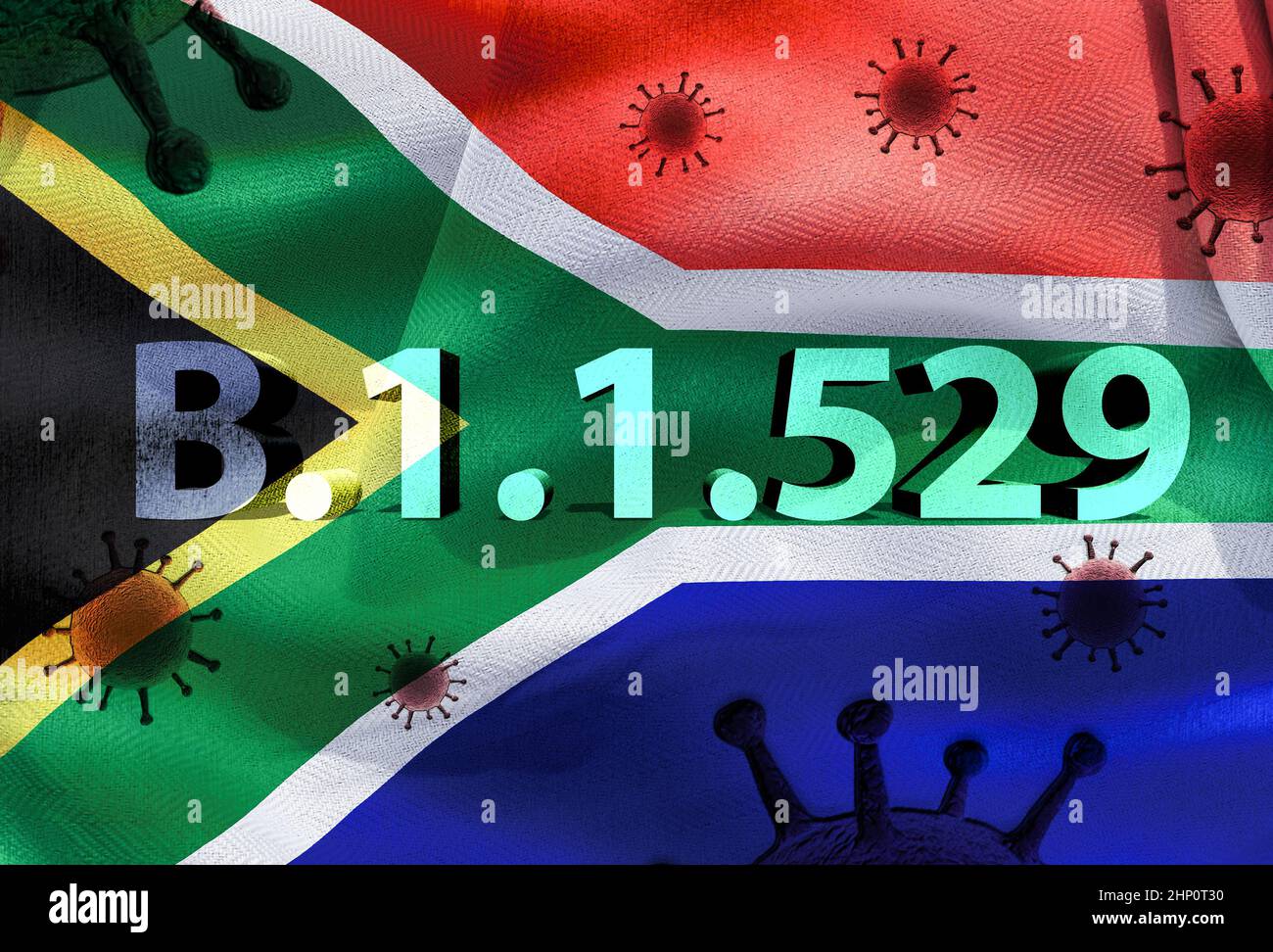 3D-Illustration einer südafrikanischen Flagge mit Koronavirus-Vaiant B.1.1.529 Omicron darauf Stockfoto