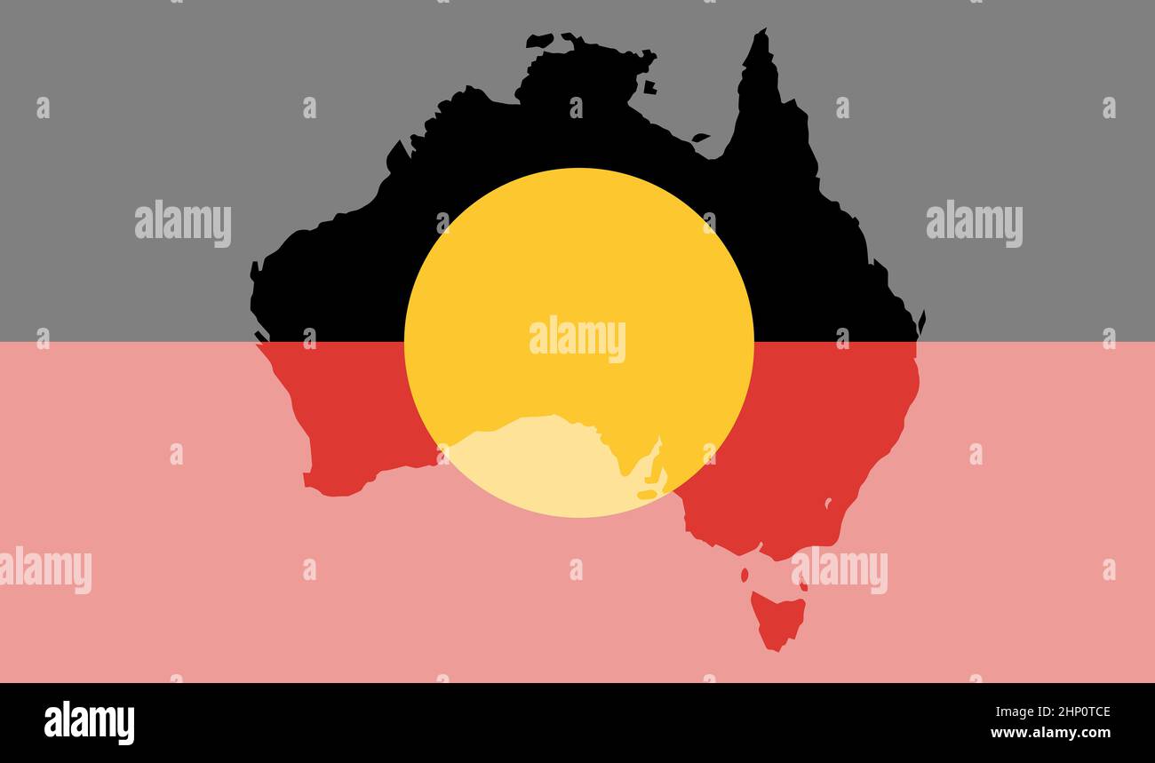 Silhouette Karte von Australien über einer Flagge der Aborigines Stockfoto