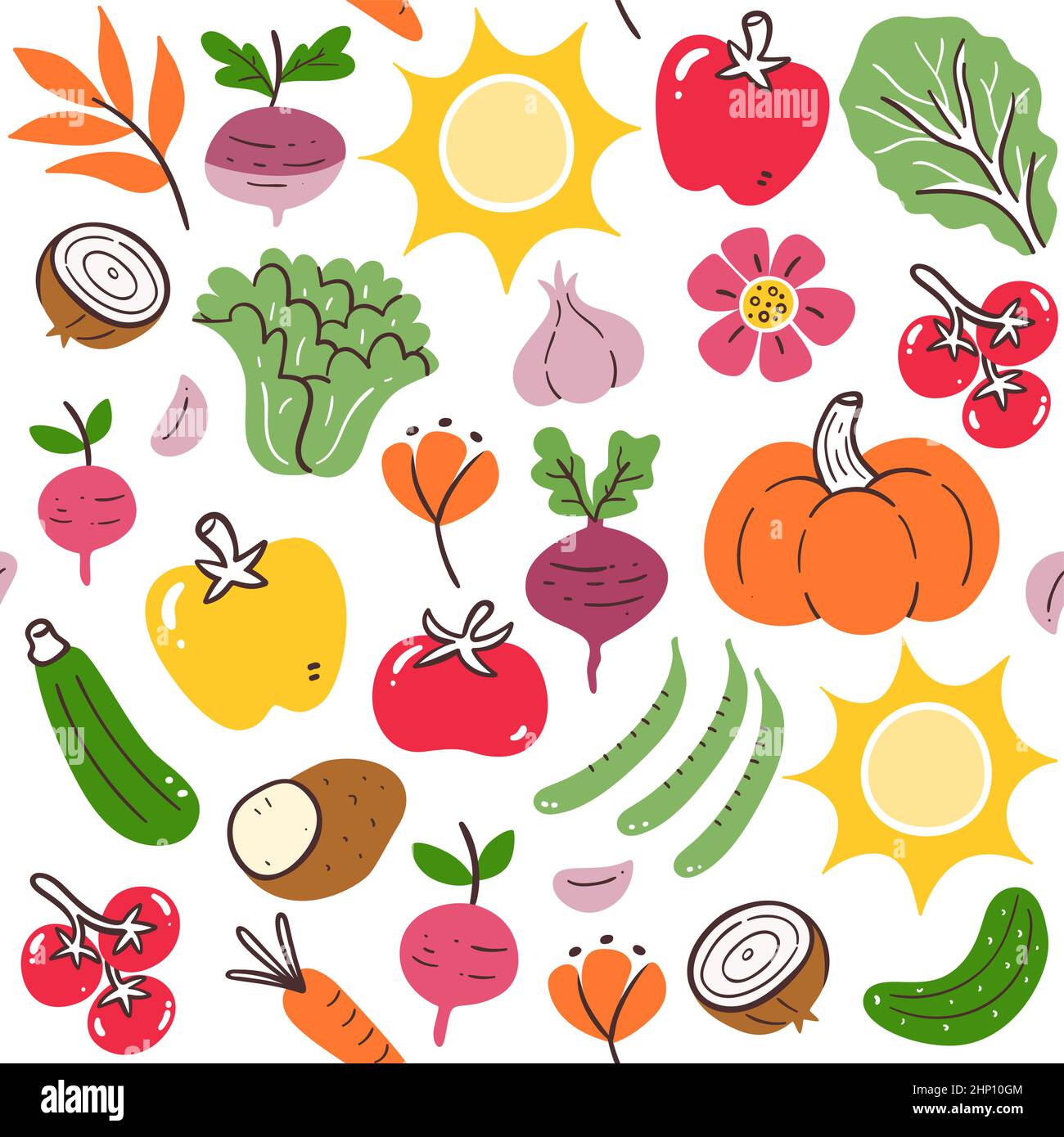 Farbenfrohes, saisonales Gemüse im Sommer mit nahtlosem Muster. Isoliertes Gemüse auf weißem Hintergrund. Vektorgrafik. Stock Vektor