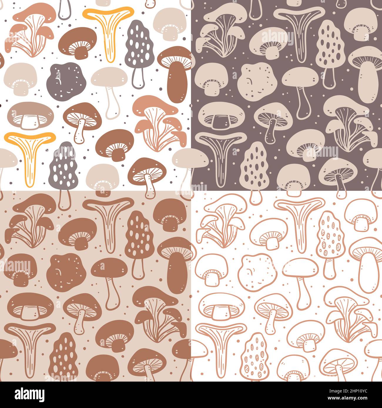 Kollektion mit nahtlosen Mustern für Pilze. Abbildung: Zutaten für das Kochen. Farbenfrohe, monochrome Silhouetten und Doodle-Stil. Vektorgrafiken Stock Vektor