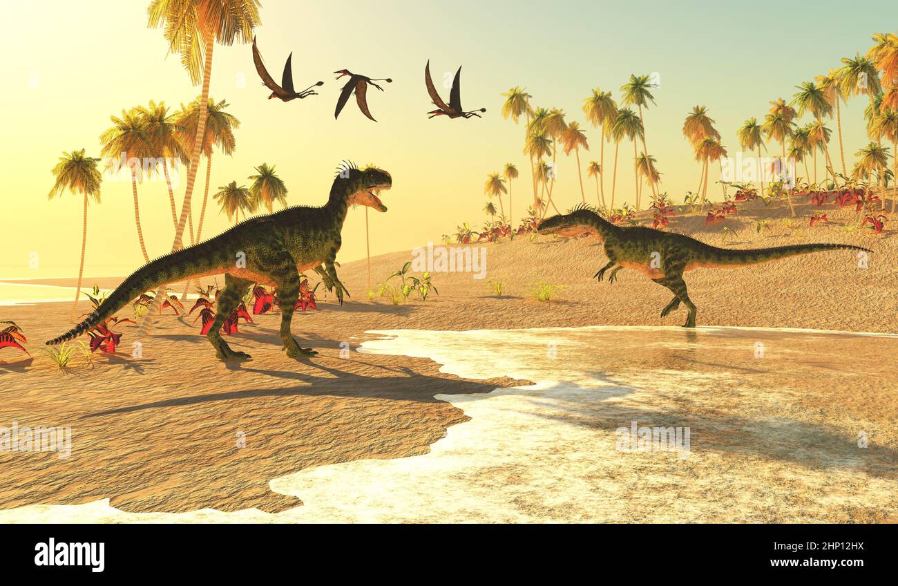 Monolophosaurus-Theropoden-Dinosaurier suchen an einem Meeresstrand nach Beute, während Dorygnathus-Reptilien hinüberfliegen. Stockfoto