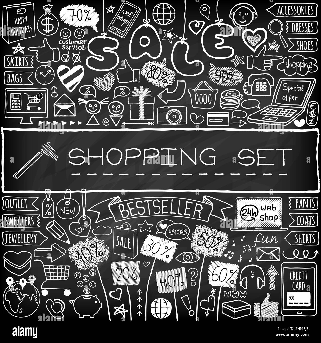 Einkaufskritzel-Set. Kreidetafel-Effekt. Handgezeichnete Icons Sammlung mit Rabatt-Tags, Computer, Smartphone, Geschenk-Box, Herzen, Stars und Banner. Ein Stockfoto