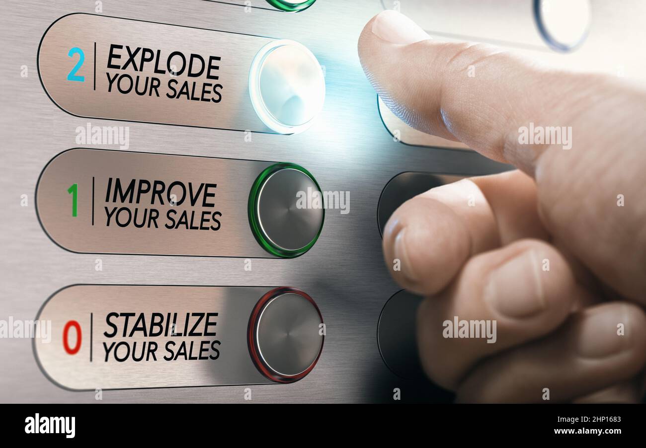 Man drückt einen Aufzug Tasten, wo geschrieben ist stabilisieren, verbessern Sie Ihre Verkäufe explodieren oder. Salesforce motivationale Konzept. Das zusammengesetzte Bild zwischen Stockfoto