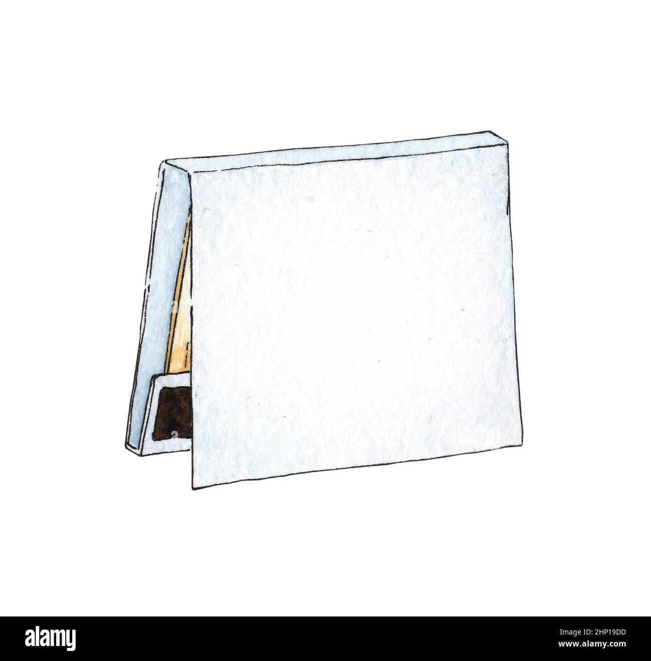 Aquarell-Illustration eines geschlossenen Buches mit Streichholzschachteln voller roter Streichhölzer. Hol dir die Flamme. Zünden Sie das Feuer an. Verbrannter Holzstab. Handgezeichnete Kritzeleien. Iso Stockfoto