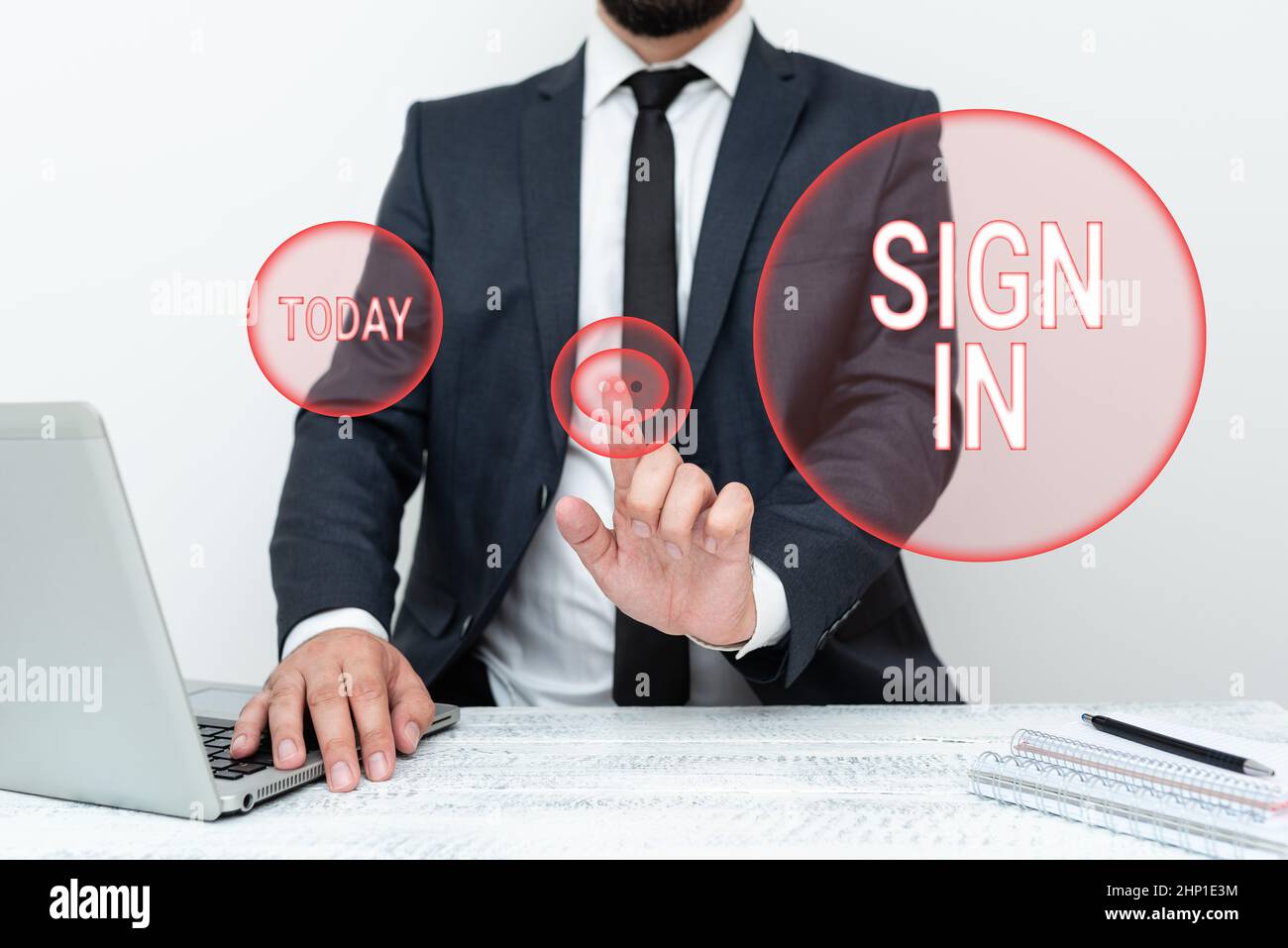 Sign Display Sign in, Business Idea um Ihren Namen auf ein Formular zu schreiben, wenn Sie einen Ort eingeben oder verlassen Remote Office Work Online Presenting Communicatio Stockfoto