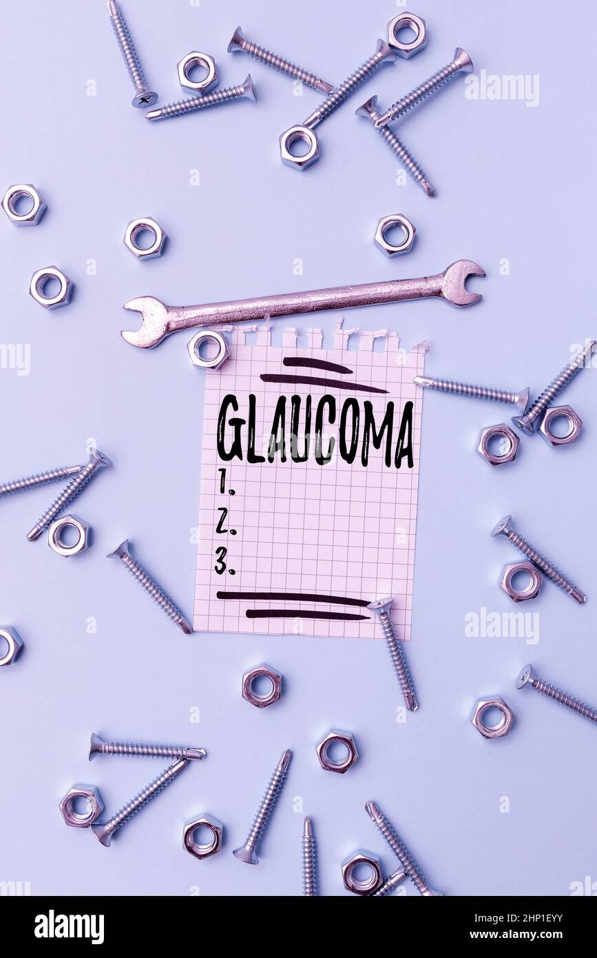 Schild mit Glaukom, Business-Schaufenster Augenerkrankungen, die zu einer Schädigung des Sehnervs führen Sehverlust Neue Ideen Gehirnstampfen für die Wartung Stockfoto