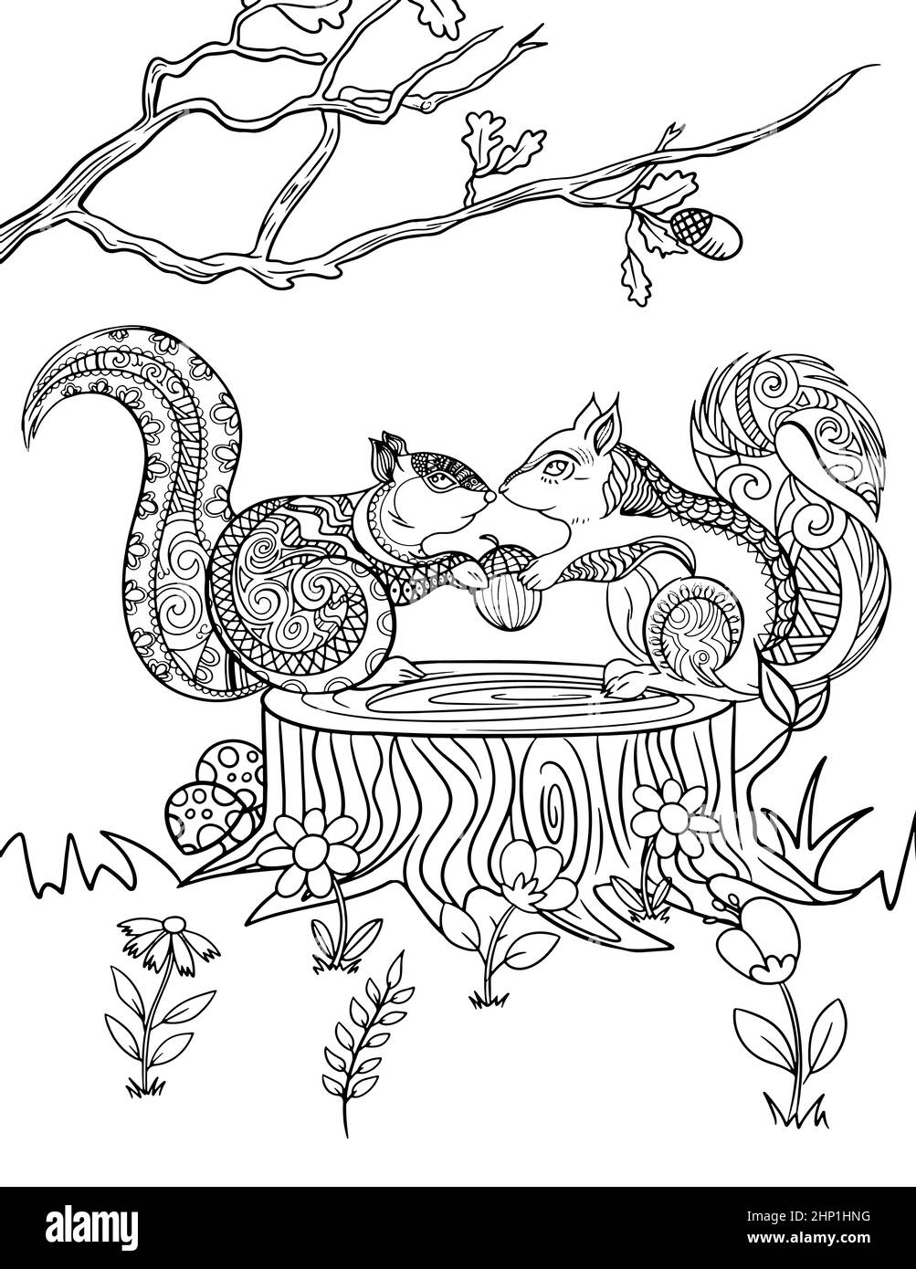 Paar Eichhörnchen Linie Zeichnung Sharing Stück Mutter auf einem geschnittenen Holz. Stockfoto