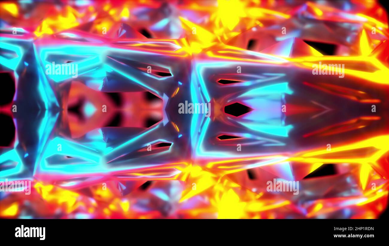 Funkelnder 3D Futurismus Rendering mit hellen verformenden geometrischen Gitter. Holographische Texturen des Raumwürfels, bedeckt mit Schicht aus gebrochenem Glas. A Stockfoto