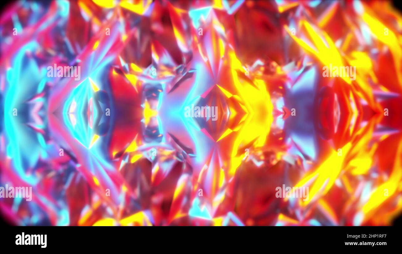 Funkelnder 3D Futurismus Rendering mit hellen verformenden geometrischen Gitter. Holographische Texturen des Raumwürfels, bedeckt mit Schicht aus gebrochenem Glas. A Stockfoto