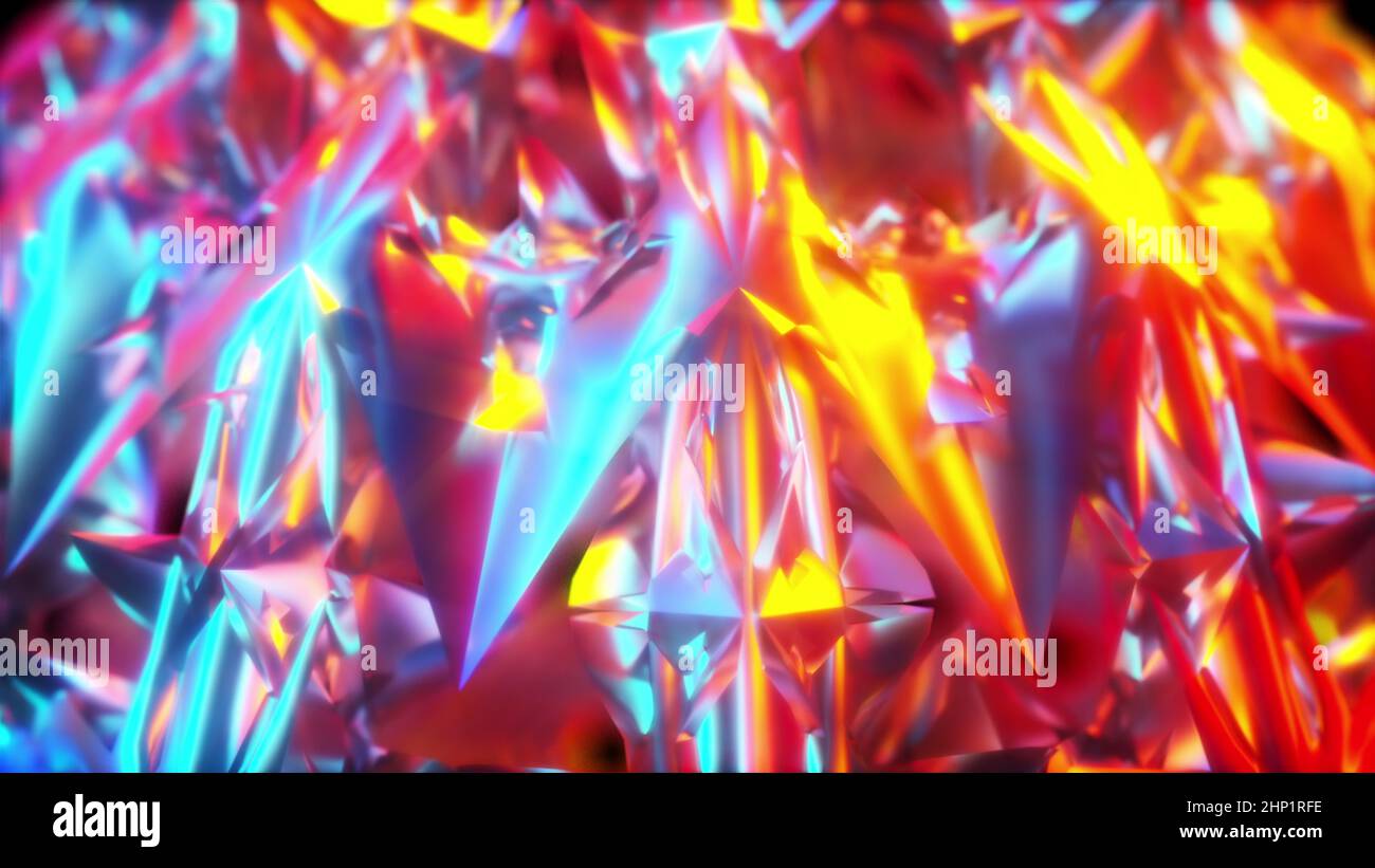 Funkelnder 3D Futurismus Rendering mit hellen verformenden geometrischen Gitter. Holographische Texturen des Raumwürfels, bedeckt mit Schicht aus gebrochenem Glas. A Stockfoto