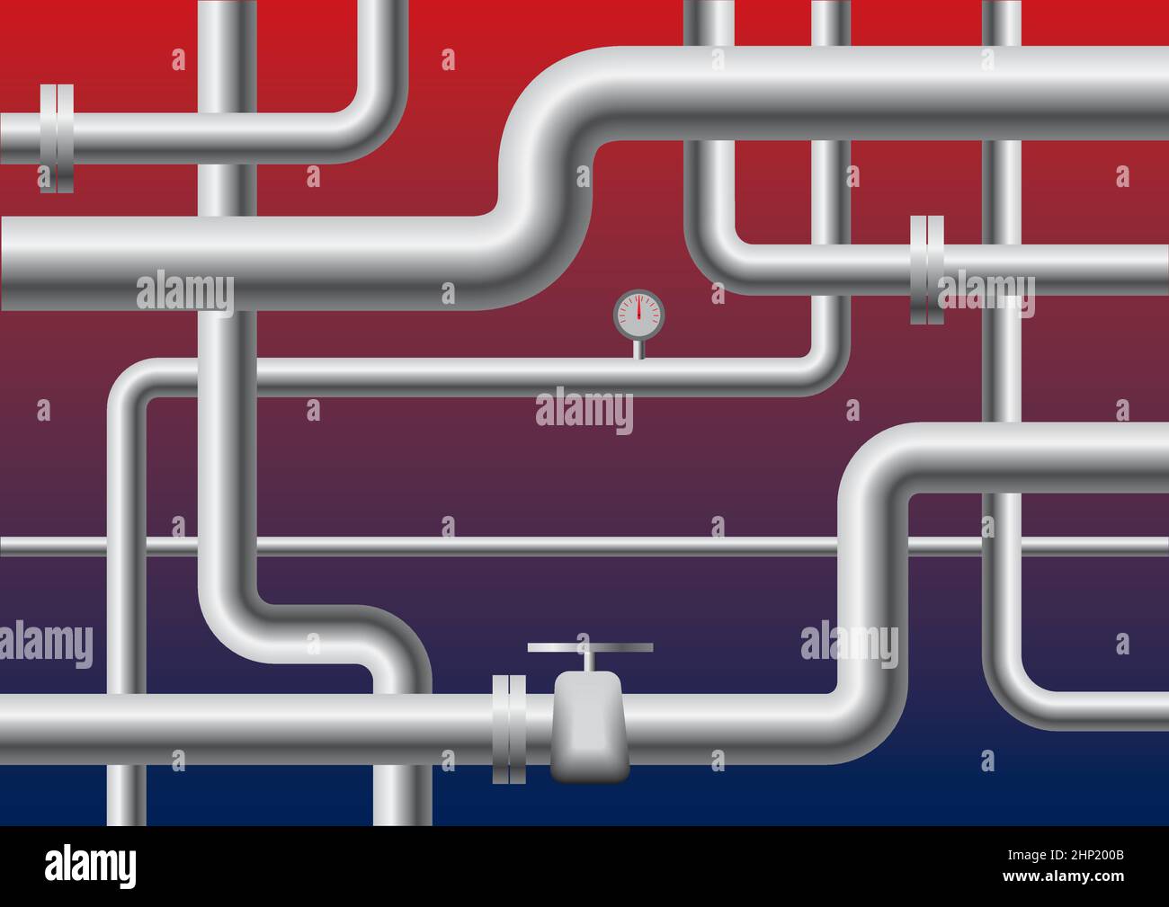 Pipelines Vektorgrafik. Eine Abbildung von Industrierohren unterschiedlicher Größe auf einem bunten rot-blauen Hintergrund. Perfekt, um die dist zu illustrieren Stock Vektor
