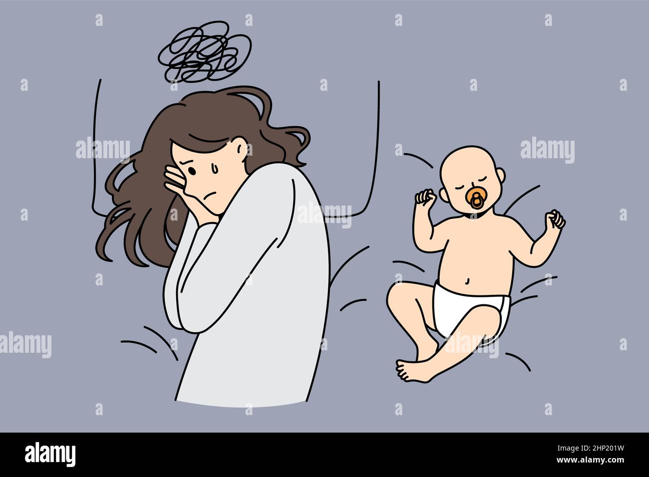 Postpartale Depression und Elternschaft Konzept. Junge depressive traurige Mutter mit harten Gedanken im Bett liegend mit glücklich schlafenden Baby in der Nähe Vektor-illus Stockfoto
