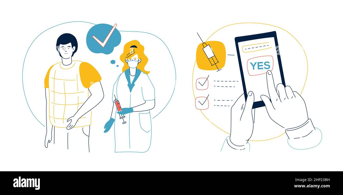 Zwei Impfstufen - farbenfrohe, flache Illustration auf weißem Hintergrund. Zusammensetzung mit Patient und Arzt, der kurz vor der I-Behandlung steht Stock Vektor