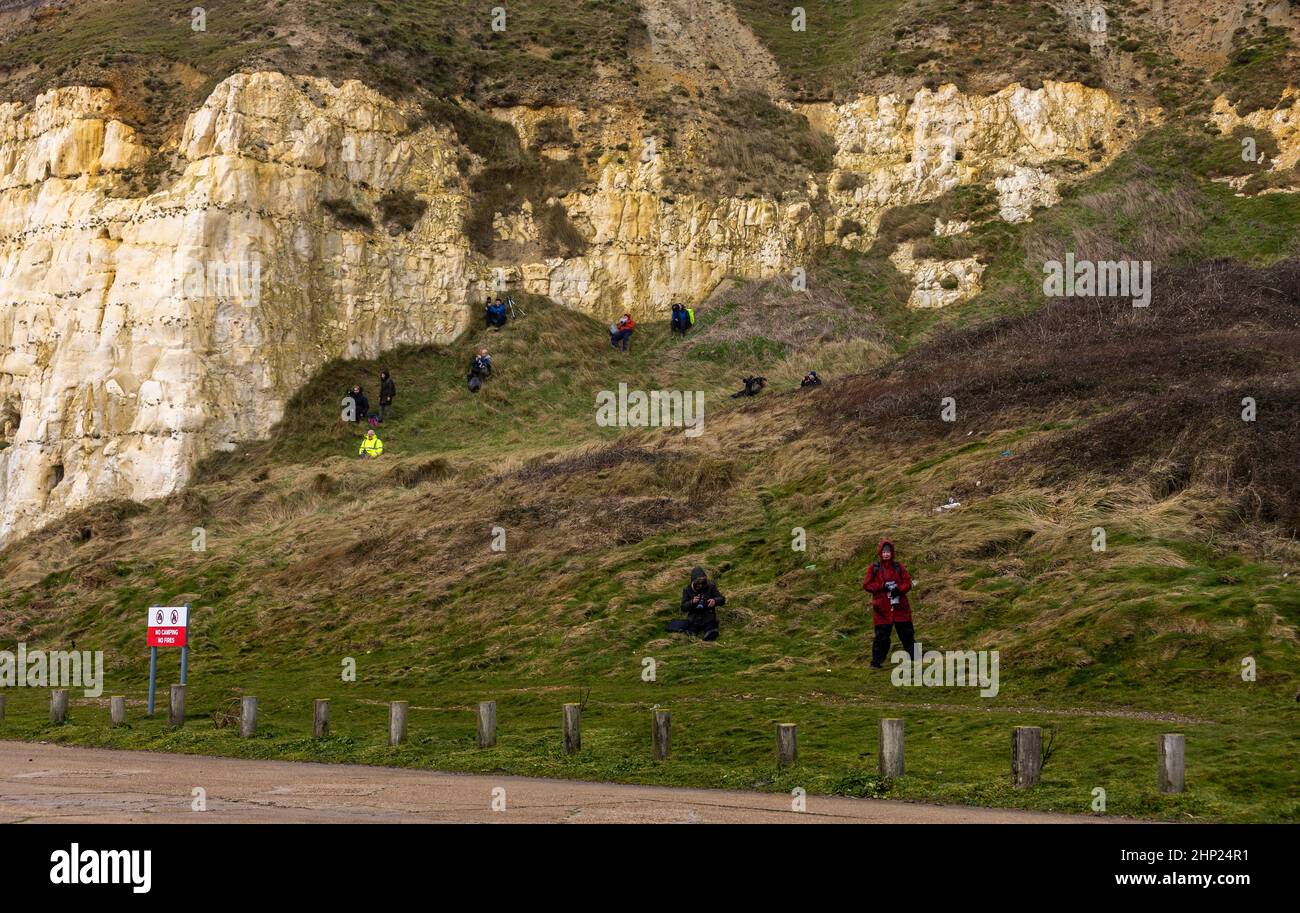 Newhaven Lighthouse, Großbritannien, 18th. Februar 2022. Lokale Fotografen fotografieren die Meereswand des Leuchtturms Newhaven, die von starken Wellen getroffen wurde, als der Sturm Eunice über die Südküste Englands mit Windgeschwindigkeiten von bis zu 70-80mph in West Sussex dachte. Quelle: Steven Paston/Alamy Live News Stockfoto