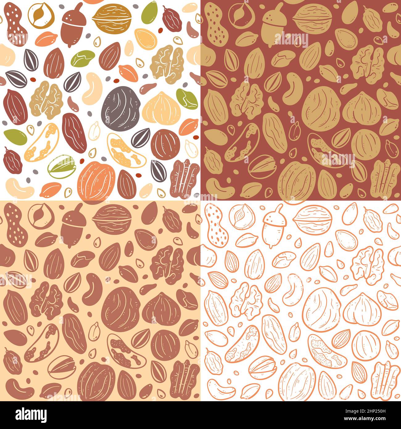 Nuts and Seeds nahtlose Mustersammlung. Abbildung: Zutaten für das Kochen. Farbenfrohe, monochrome Silhouetten und Doodle-Stil. Vektor-Illus Stock Vektor