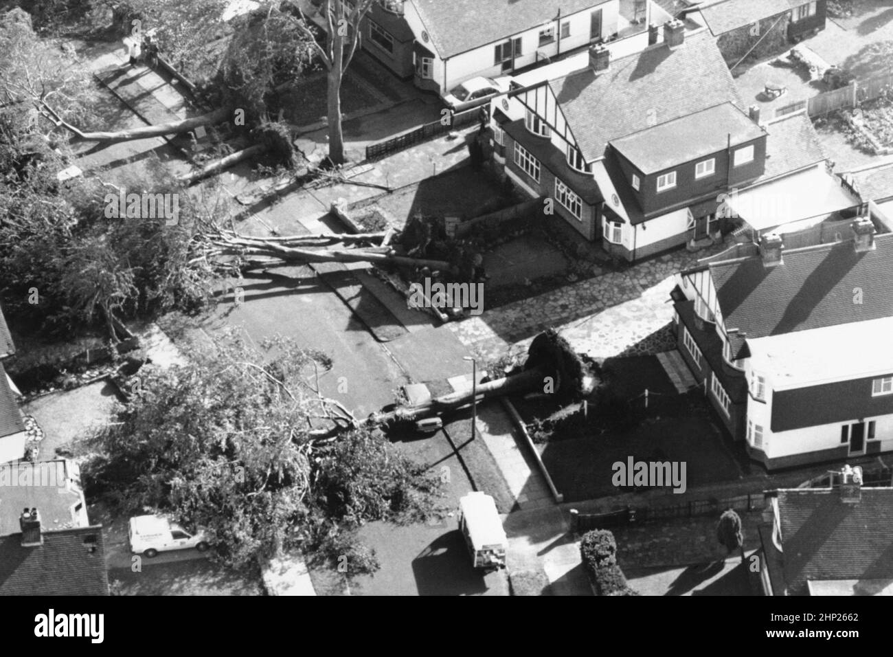 Aktenfoto vom 16/10/1987 einer von Bäumen gesäumten Allee in Orpington, Kent, die nach dem Großen Sturm von 1987 verwüstet wurde. Ausgabedatum: Freitag, 18. Februar 2022. Stockfoto