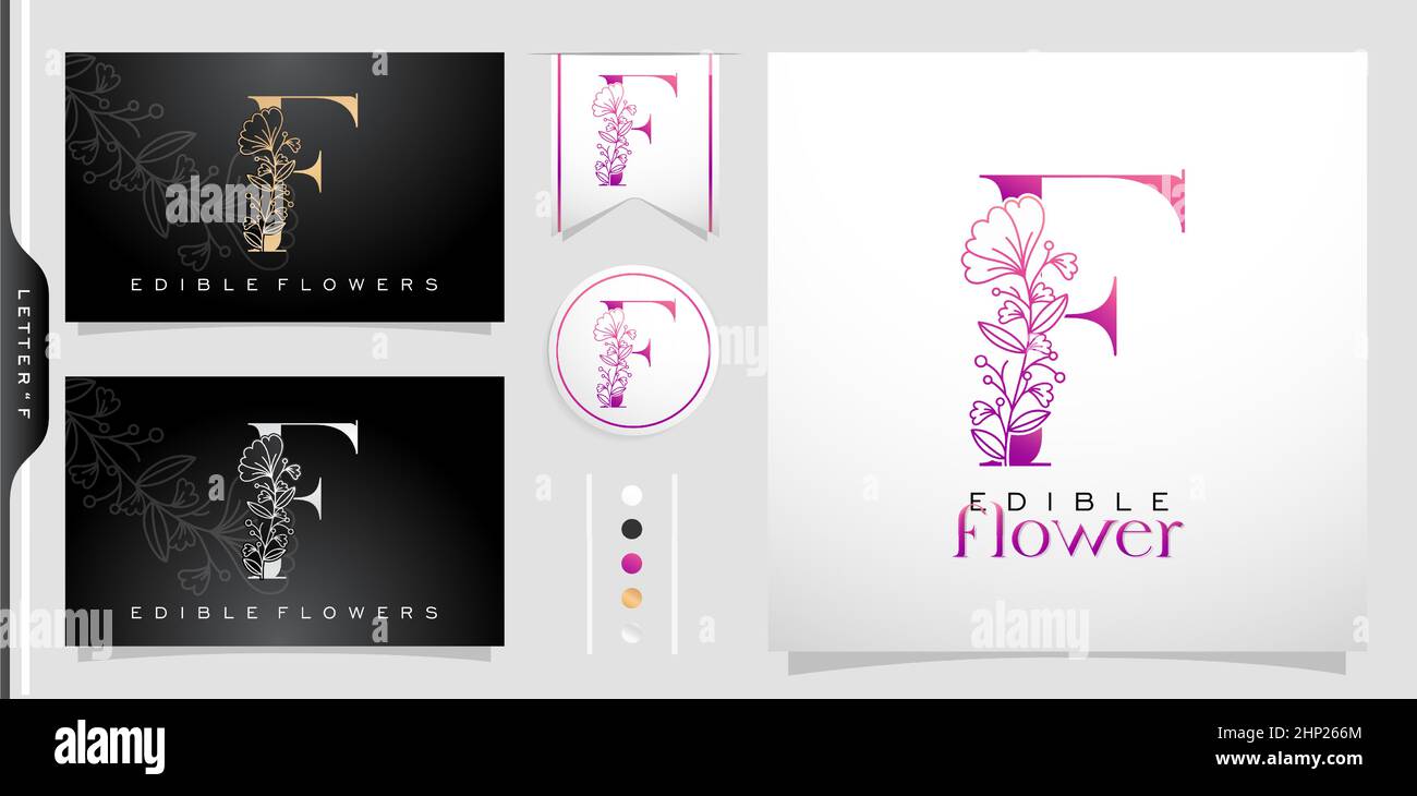 Abbildung des Buchstaben F Logotyp Essbare Blume symbolisch mit violetten Farbverläufen isolierte schwarze und weiße Hintergründe, anwendbar für Produkt, und Logo für Unternehmensmarken Stock Vektor