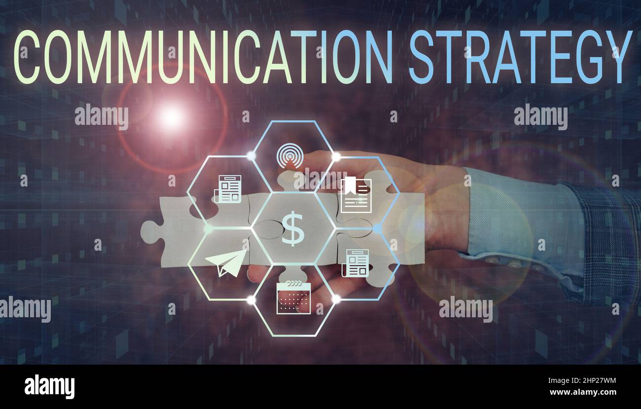 Schreiben Anzeige Text Kommunikationsstrategie, Internet-Konzept verbal nonverbal oder visuelle Pläne von Ziel und Methode Hand Halten Puzzle Stück Stockfoto