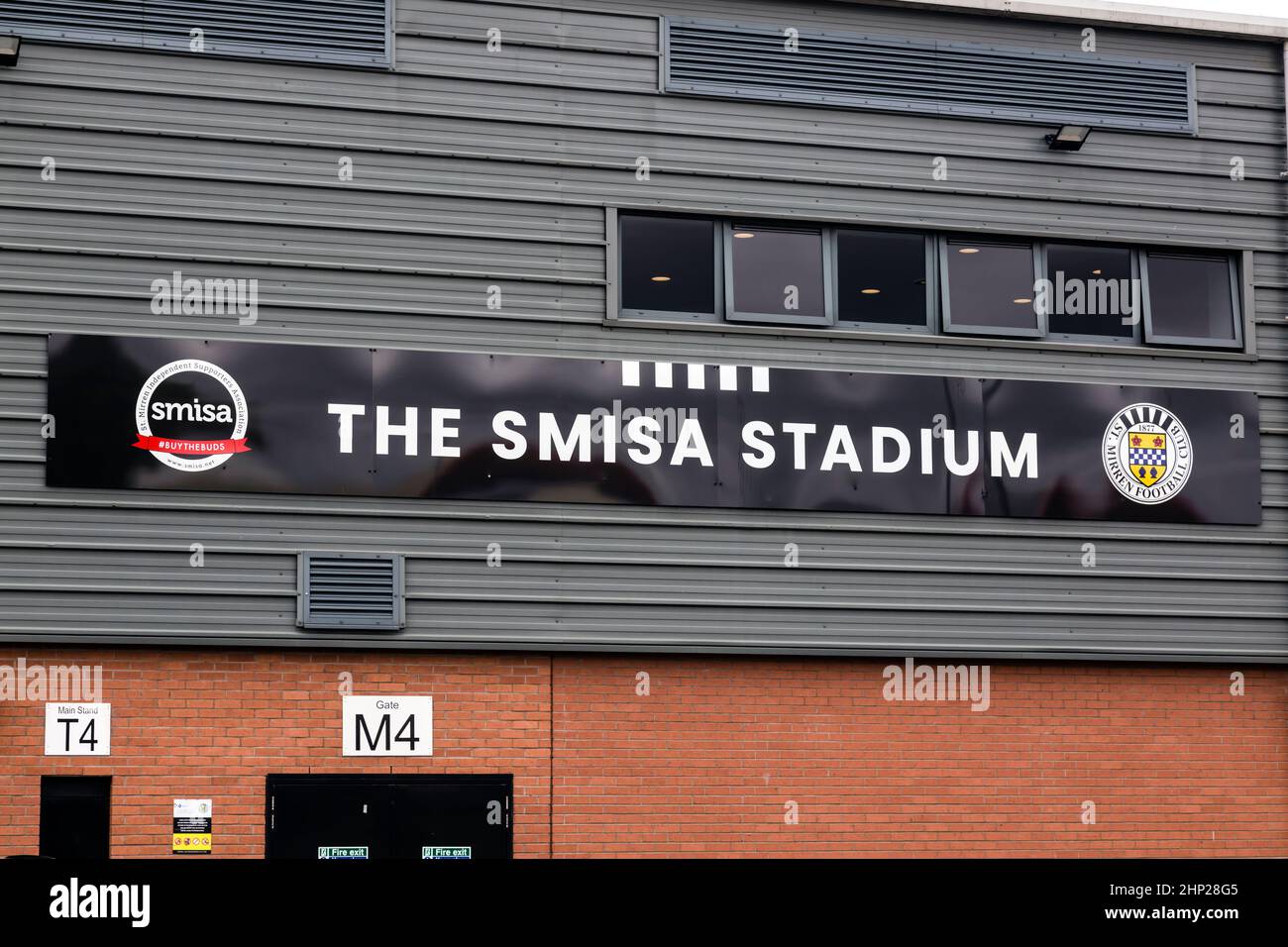 SMISA-Stadion-Schild an der Außenseite des St. Mirren Park, dem Heimstadion des St. Mirren Football Club, Greenhill Road, Paisley, Renfrewshire, Schottland, VEREINIGTES KÖNIGREICH Stockfoto