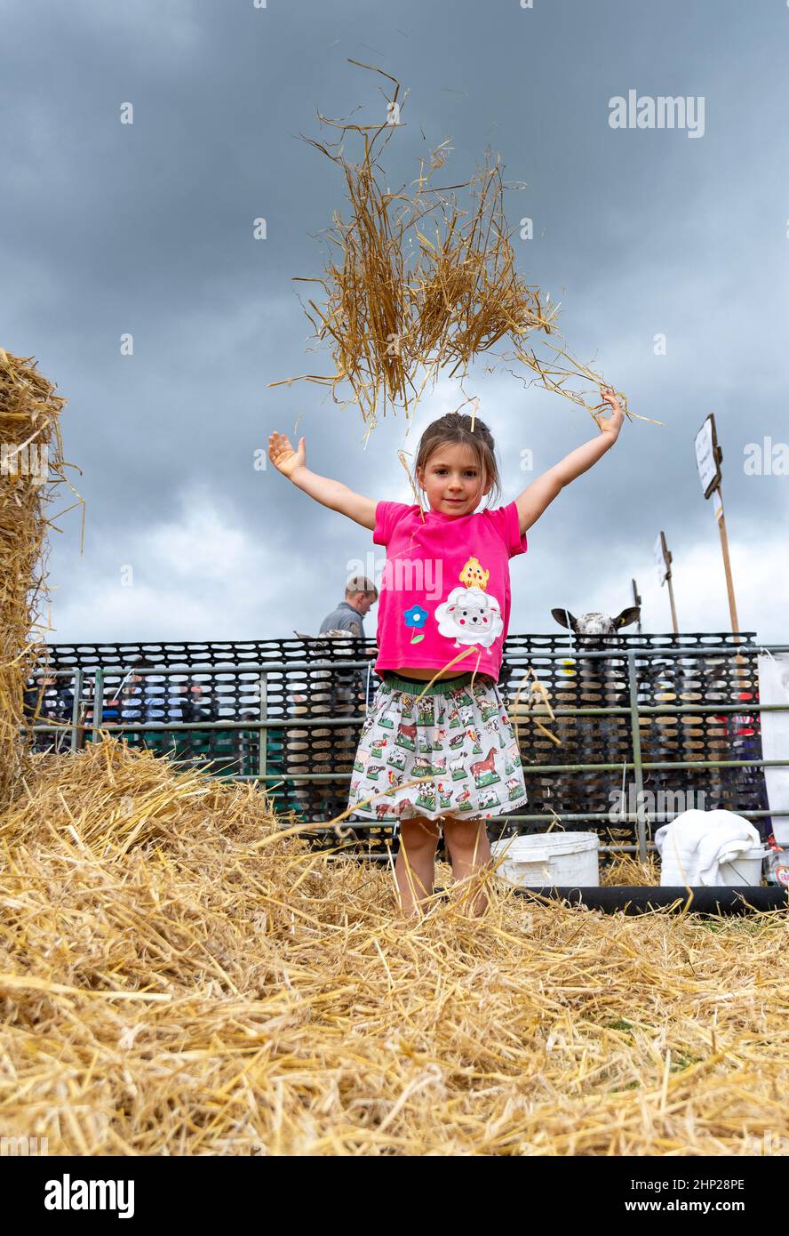Junge Mädchen, die auf einer landwirtschaftlichen Show in Kelso, Scottish Borders, Großbritannien, in einem Strohballen spielen. Stockfoto