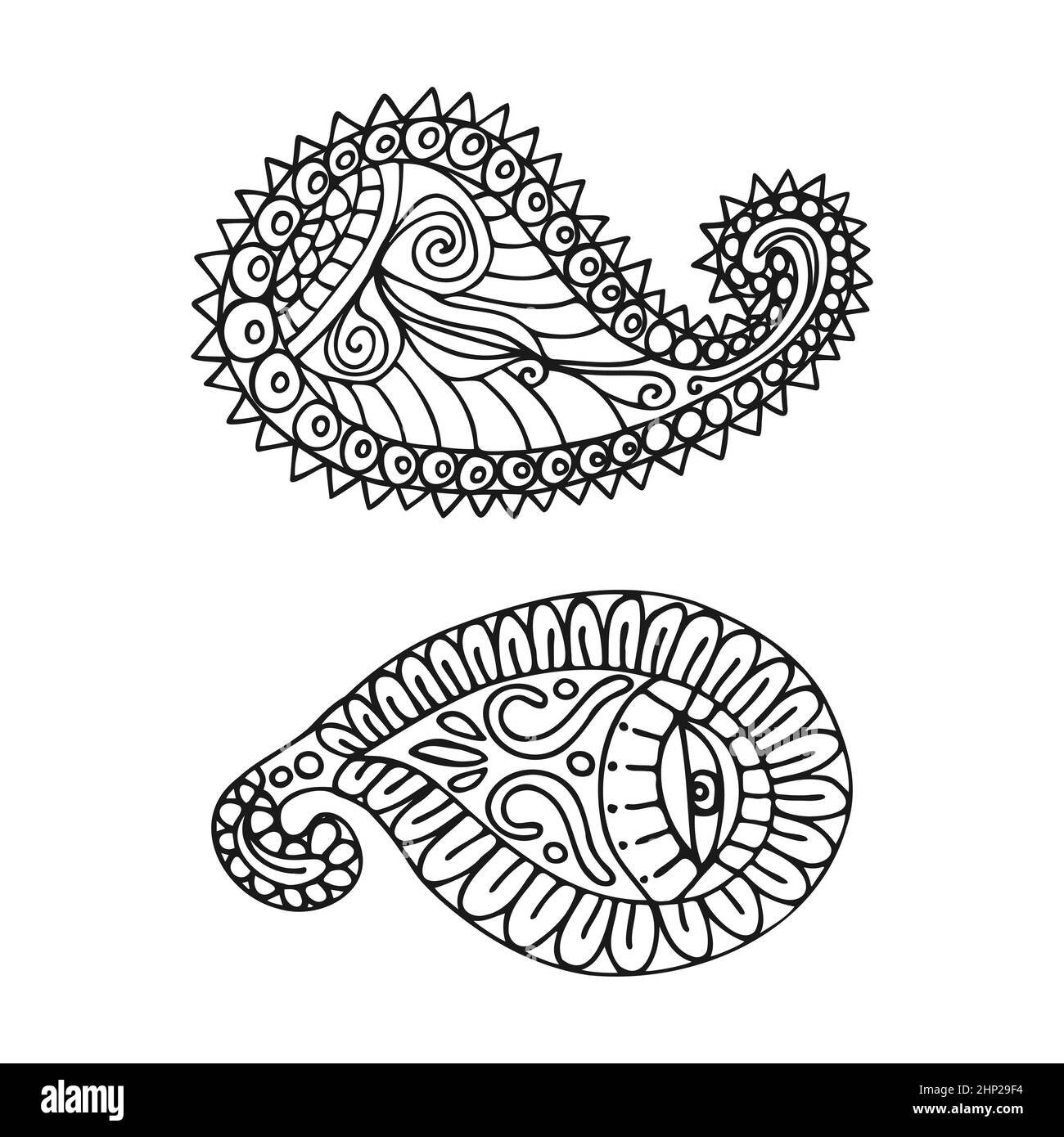 Handgezeichnete Paisley-Muster-Elemente isoliert auf weißem Hintergrund. Mehndi-Zeichnung. Skizzieren Sie das Paisley-Muster. Doodle-Stil. Orientalisches Motiv. Schwarz und Stock Vektor