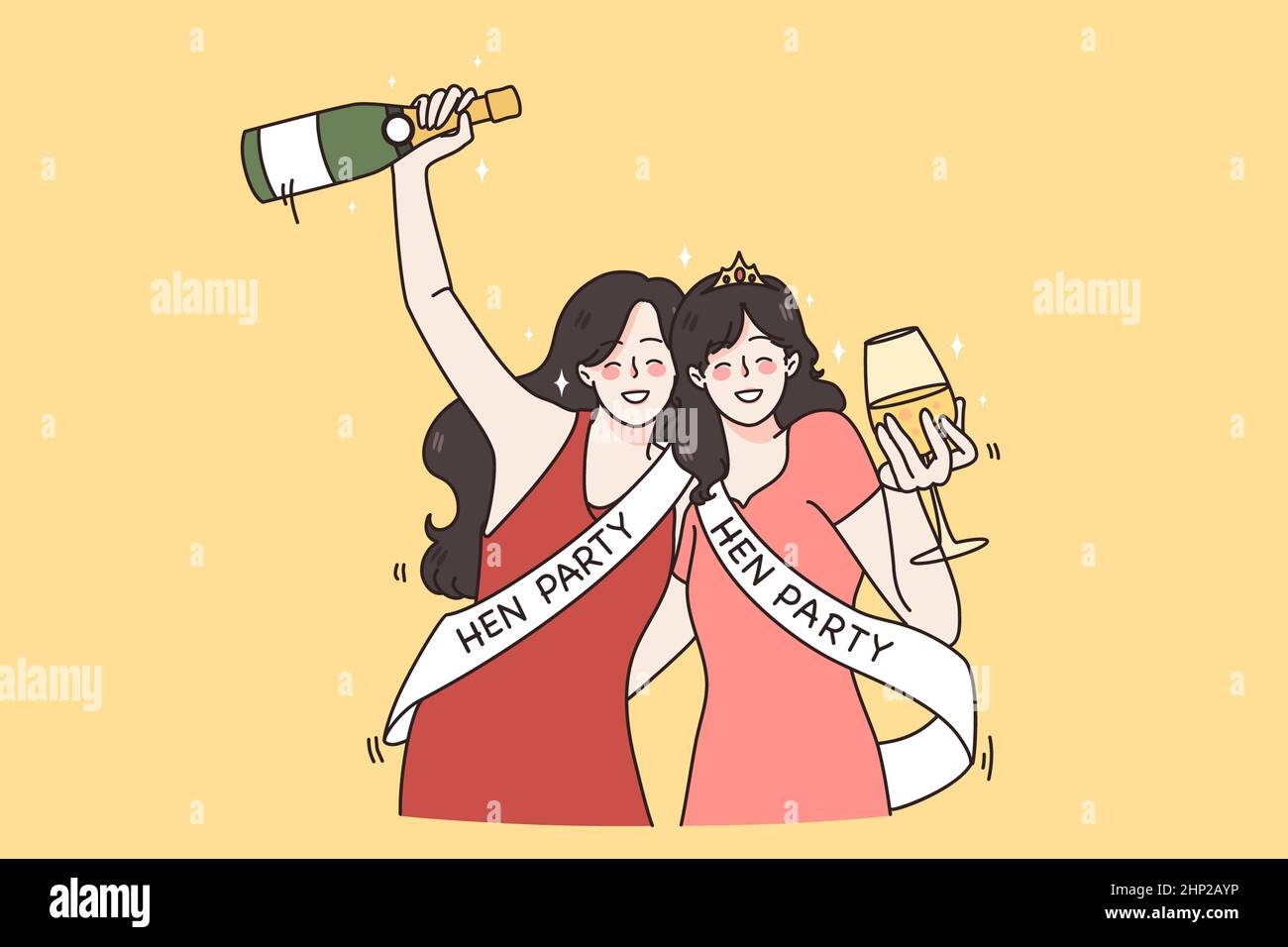 Lächelnde Freundinnen trinken Champagner Feiern Sie gemeinsam eine Junggesellinnenparty. Glückliche junge Frauen in gekleidet haben Spaß an der Junggesellinnenfeier. Ehe und enga Stockfoto